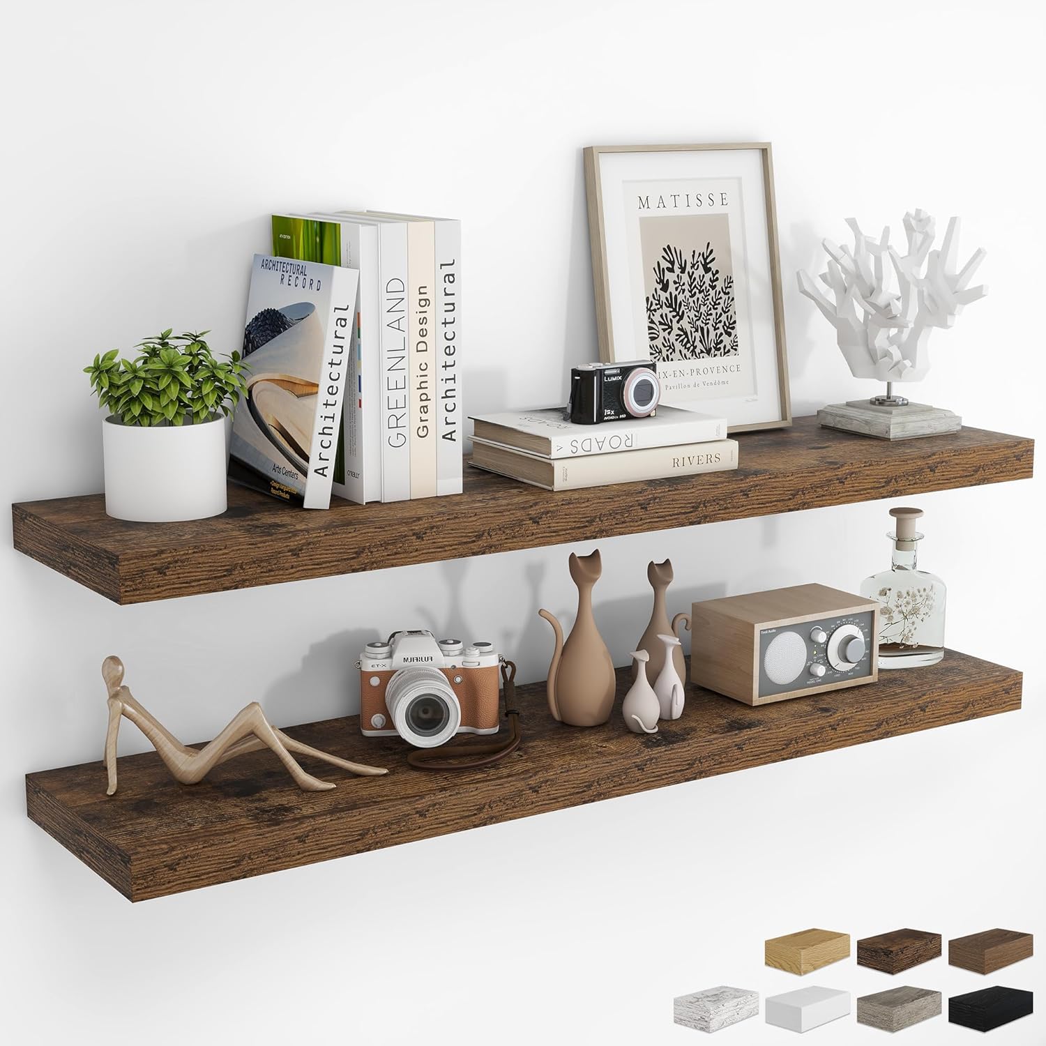 RICHFOCUS 48Inch Floating Shelves for Wall 2 Pack Shelves for Bedroom|Kitchen|Bathroom Wall Mounted Rustic Wood Floating Shelf with Invisible Brackets for Books|Storage|Decor, Walnut