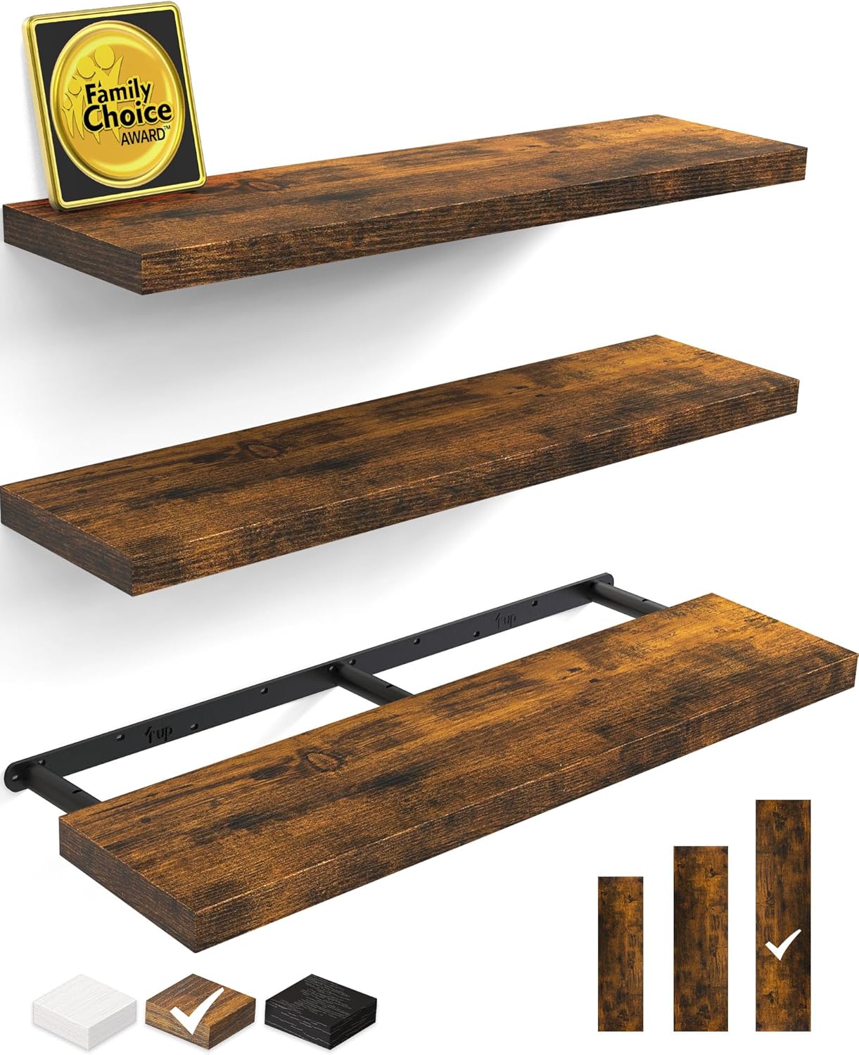 BAYKA Floating Shelves for Wall, 22.5 inches Wall Mounted Rustic Wood Shelves for Bathroom, Bedroom, Living Room, Floating Shelves for Books/Storage/Decor (Black,Set of 3)