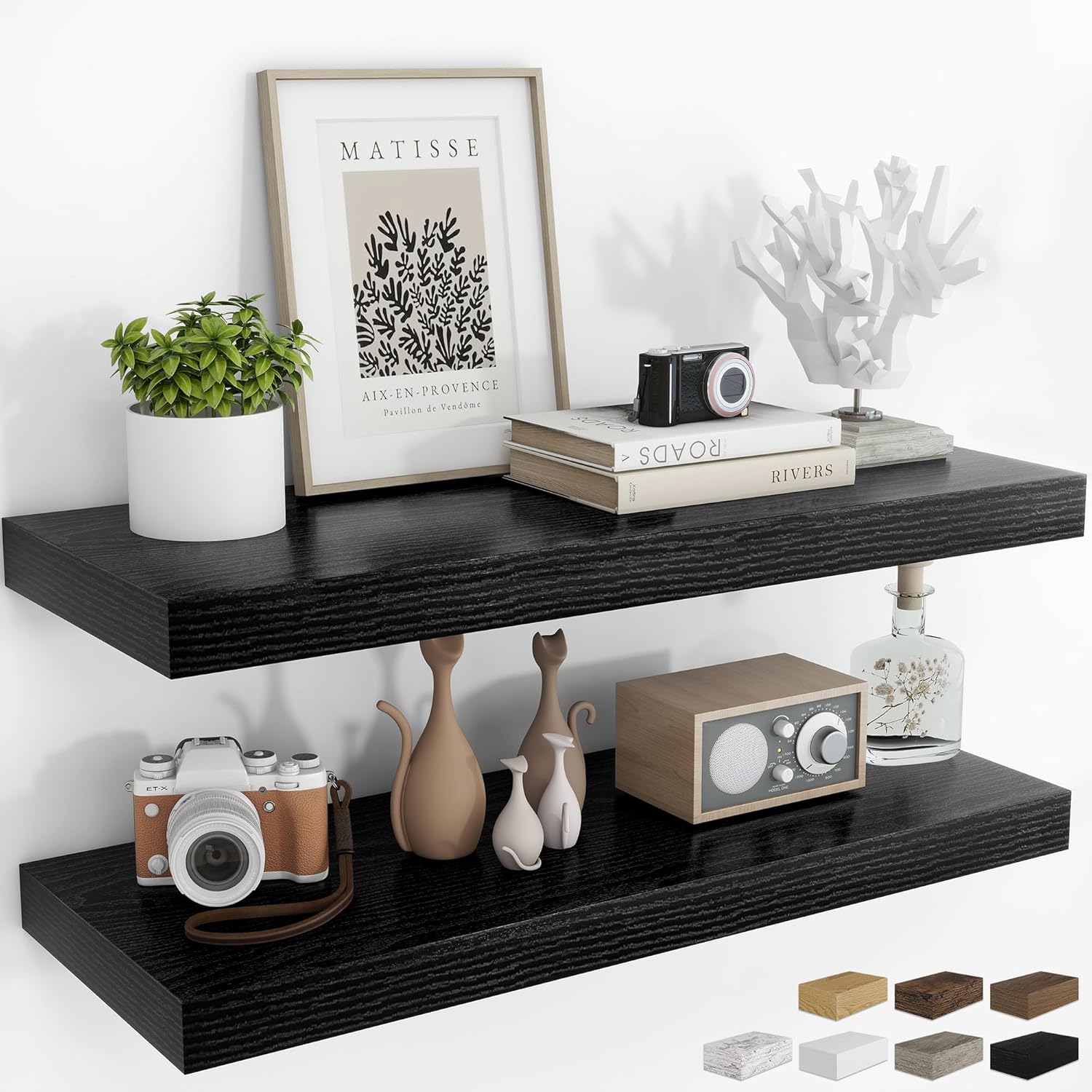 RICHFOCUS 48Inch Floating Shelves for Wall 2 Pack Shelves for Bedroom|Kitchen|Bathroom Wall Mounted Rustic Wood Floating Shelf with Invisible Brackets for Books|Storage|Decor, Walnut