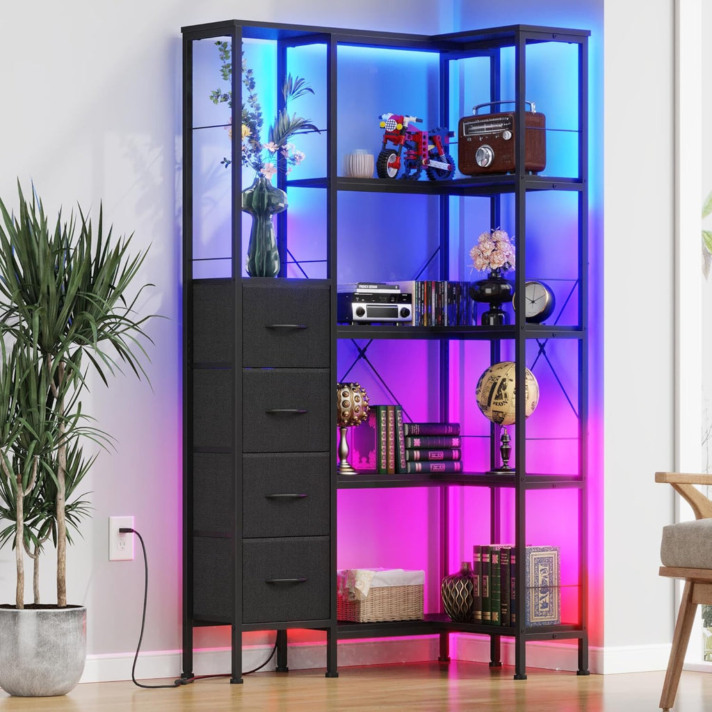 Corner Bookshelf with LED Light Strips & 4 Fabric Drawers, 5-Tier Convertible Corner Shelf with Display Shelf, Large Wood Industrial Bookcase for Living Room, Bedroom, Home Office, Rustic Brown