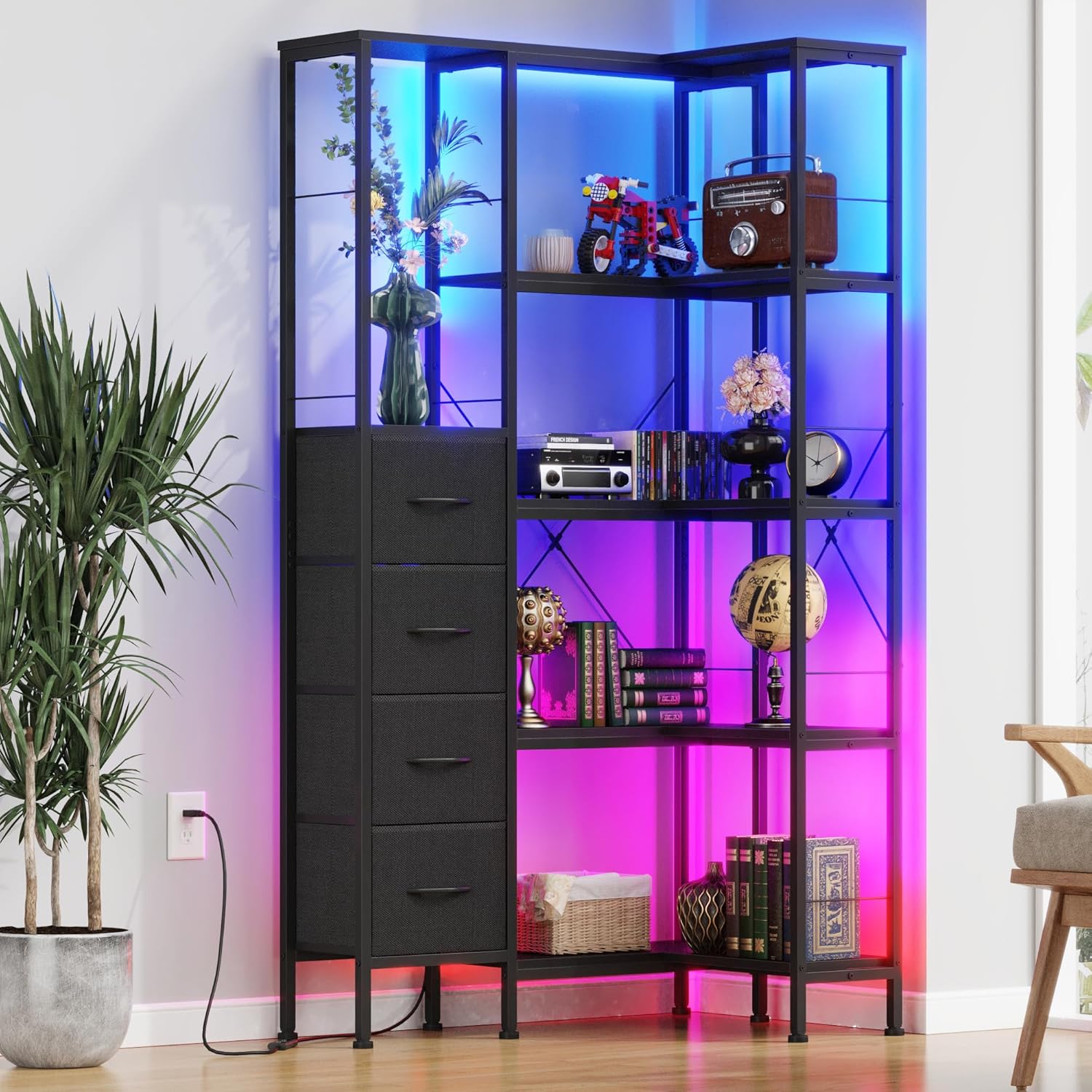 Corner Bookshelf with LED Light Strips & 4 Fabric Drawers, 5-Tier Convertible Corner Shelf with Display Shelf, Large Wood Industrial Bookcase for Living Room, Bedroom, Home Office, Rustic Brown