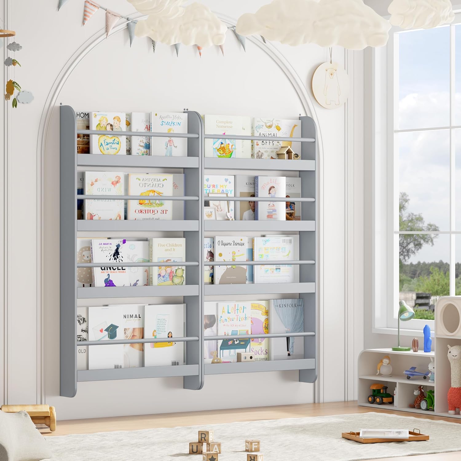 FOTOSOK Kids Bookshelf, Wall Mount 4-Tier Book Shelf Organizer for Toys and Books, Toy Storage Bookshelf in Bedroom, Living Room and Nursery, White