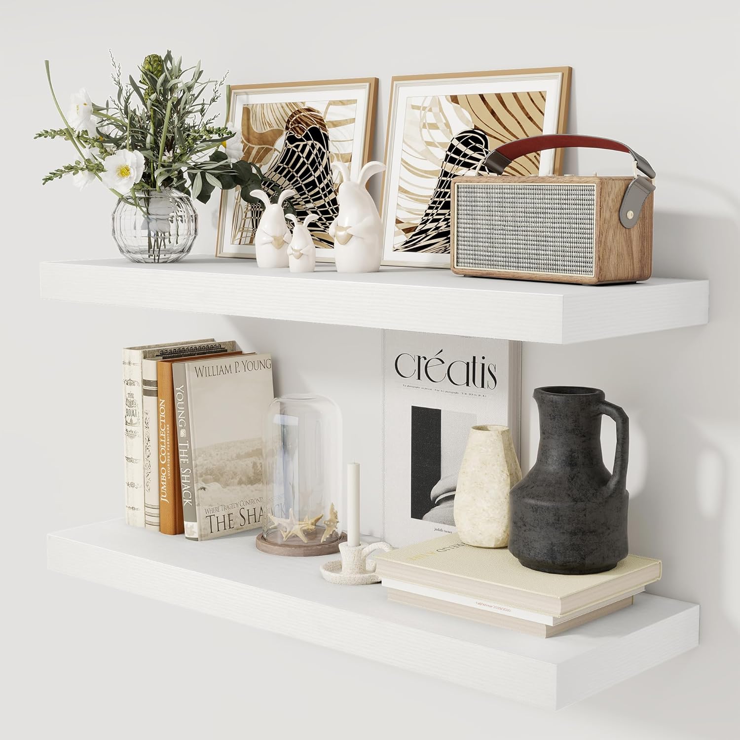 12 Inch Deep White Floating Shelves, 24 x 12 Floating Shelf for Books, Rustic Wood Deep Wall Shelves for Home Storage & Display, 2" Thicked Shelves for Kitchen, Living Room, Bedroom, 1 Pack