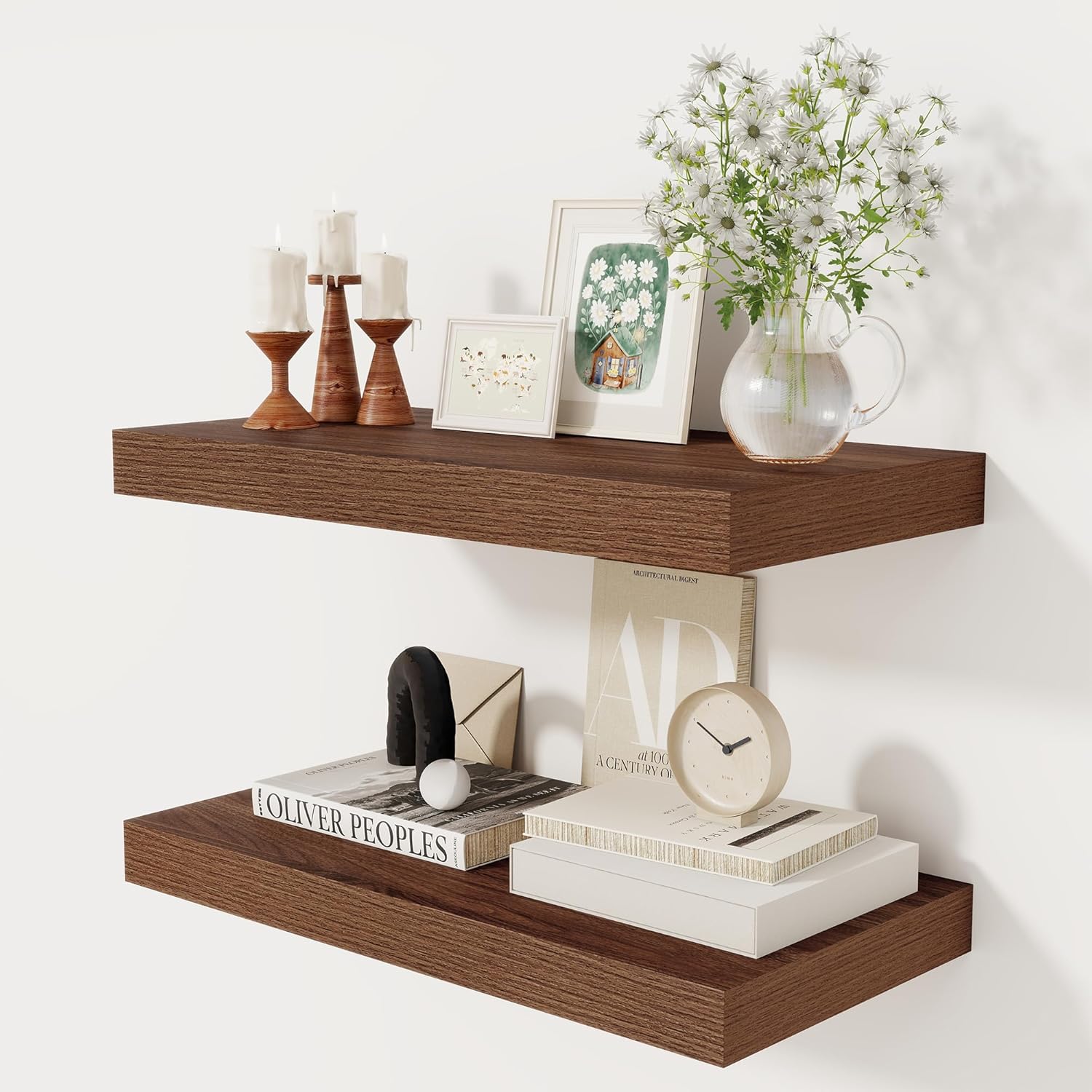 12 Inch Deep White Floating Shelves, 24 x 12 Floating Shelf for Books, Rustic Wood Deep Wall Shelves for Home Storage & Display, 2" Thicked Shelves for Kitchen, Living Room, Bedroom, 1 Pack