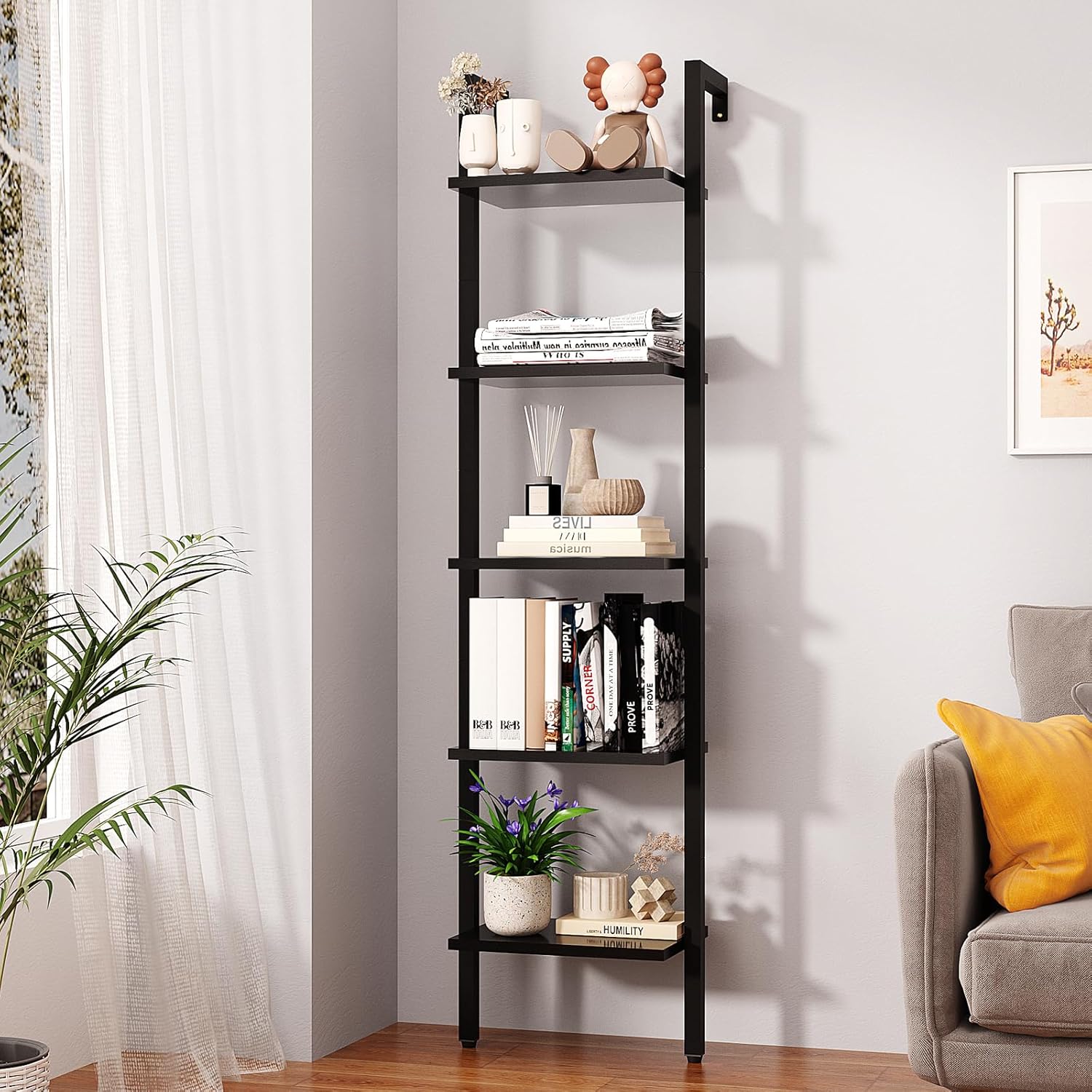 YMYNY 5 Tiers Narrow Ladder Bookcase, Industrial Wall Mounted Bookshelf, Open Display Rack with Metal Frame, Wooden Storage Shelves for Bedroom, Home Office, Living Room, Black, 70*17.3*11.8"UHBC015B