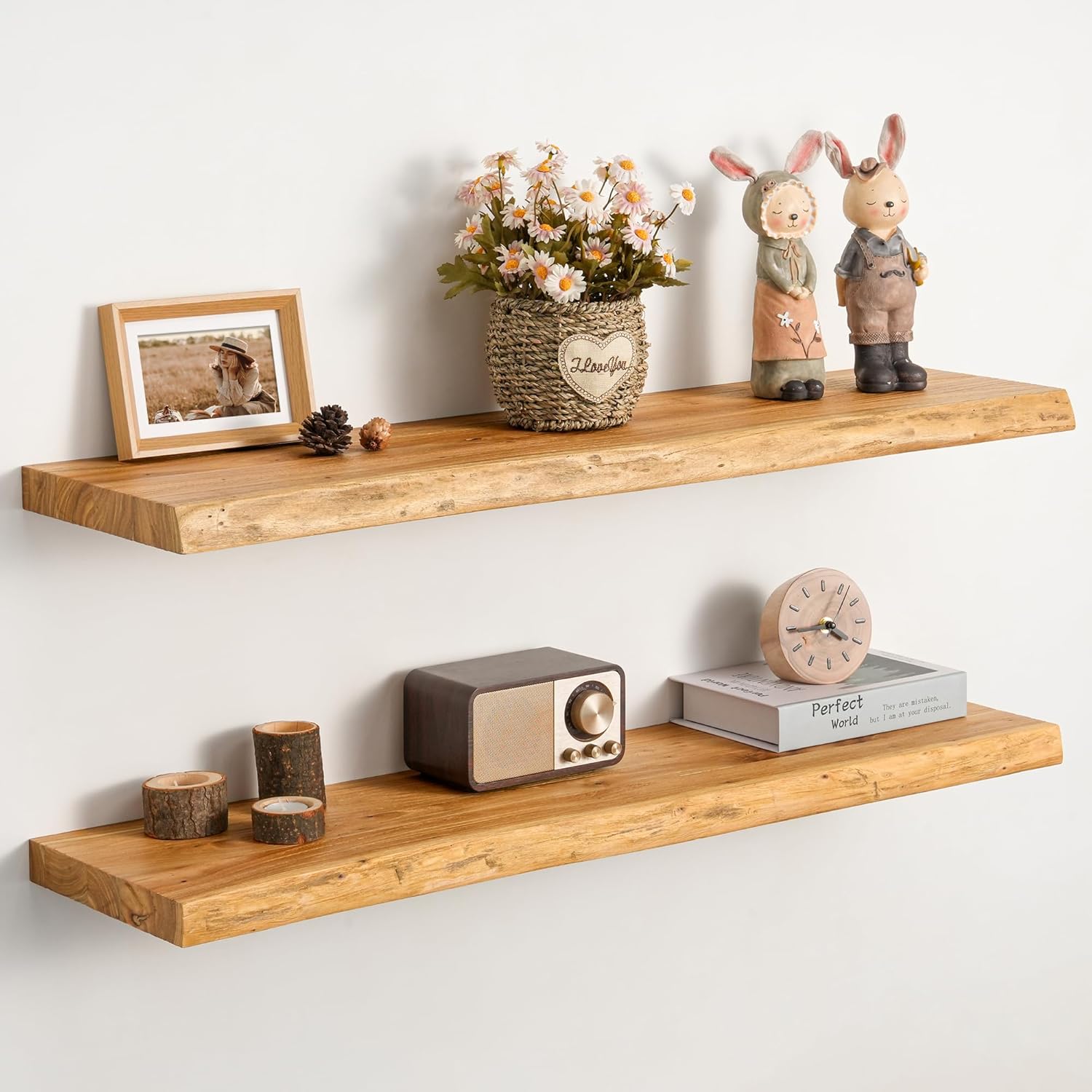 Floating Shelves Set of 2, Solid Elm Wood Wall Shelves 24 Inch - Invisible Bracket Mount for Living Room, Bedroom, Kitchen, Bathroom - Natural