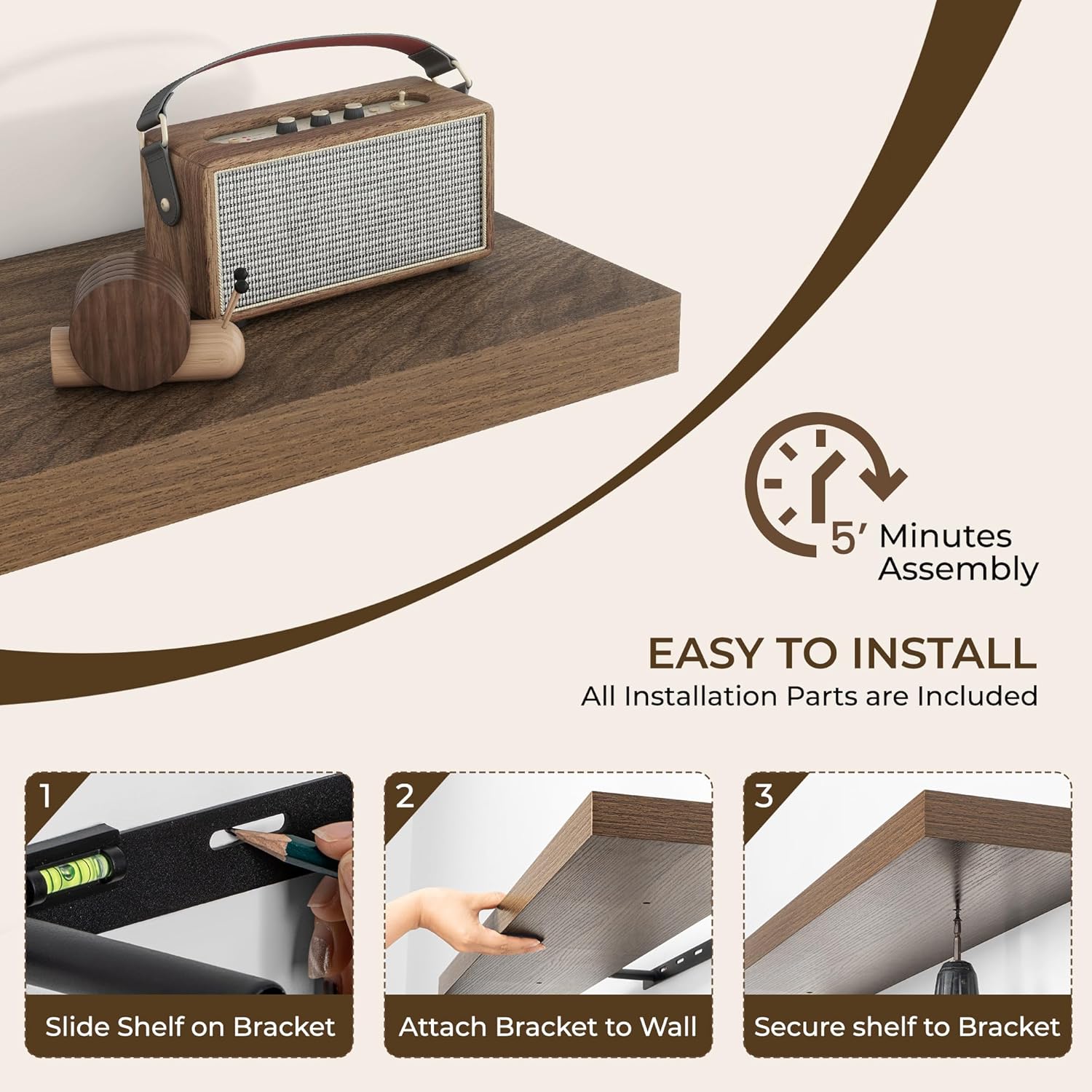 RICHFOCUS 48Inch Floating Shelves for Wall 2 Pack Shelves for Bedroom|Kitchen|Bathroom Wall Mounted Rustic Wood Floating Shelf with Invisible Brackets for Books|Storage|Decor, Walnut