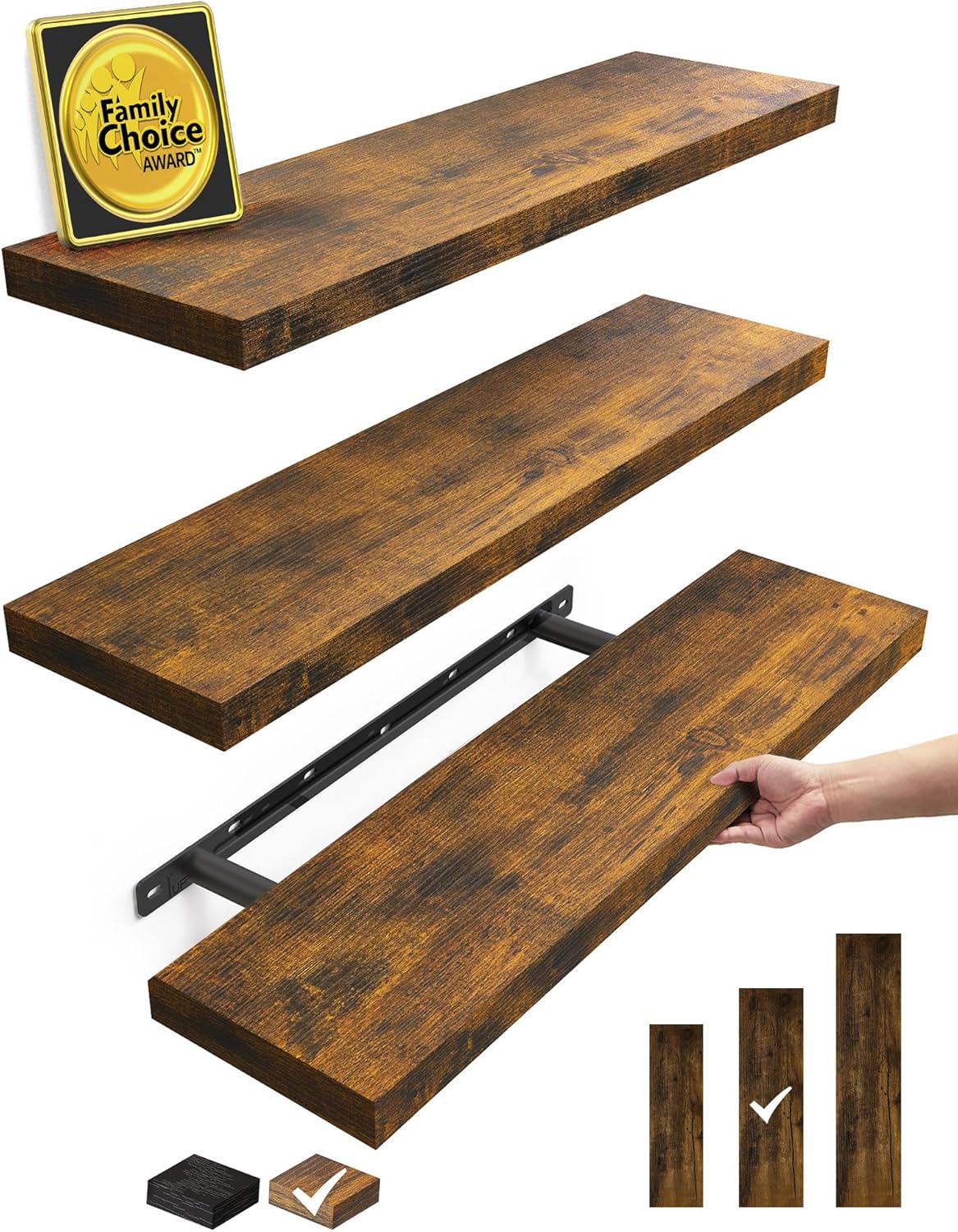 BAYKA Floating Shelves for Wall, 22.5 inches Wall Mounted Rustic Wood Shelves for Bathroom, Bedroom, Living Room, Floating Shelves for Books/Storage/Decor (Black,Set of 3)