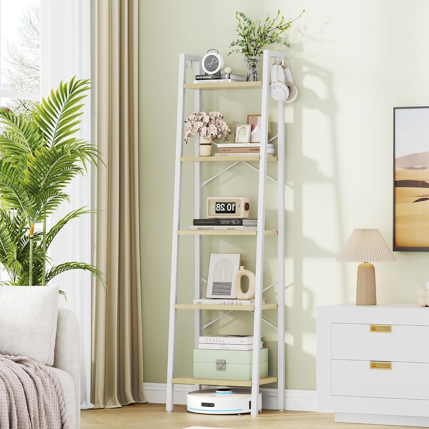 Ladder Shelf, Bookshelf Bookcase, Freestanding Corner Storage Shelve with 2 Hooks for Home Office, Living Room, Kitchen, Bedroom, Industrial, 11.8" D x 13.4" W x 63" H, Rustic Brown BC03201B