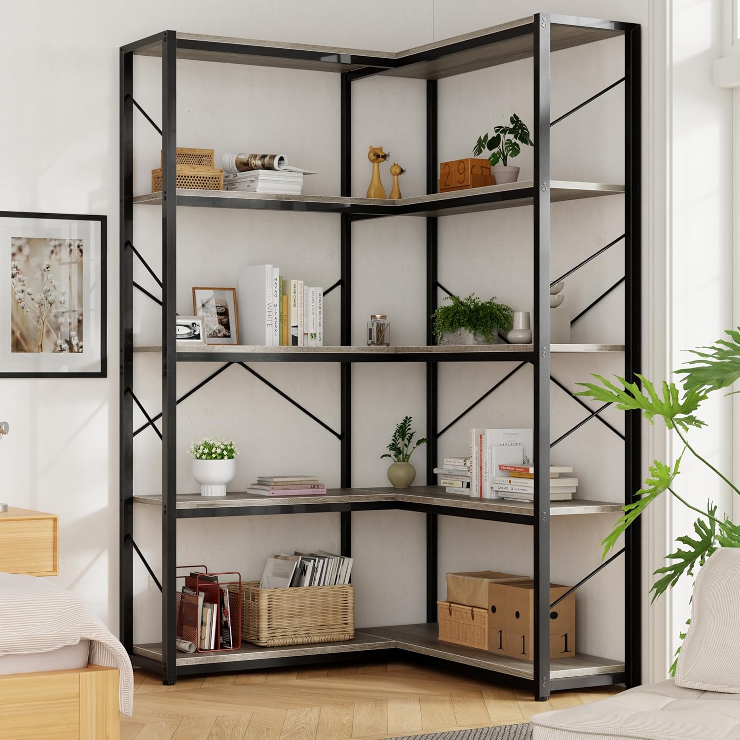 Shintenchi 5 Tier Corner Bookshelf,L Shaped Bookcase,Large Etagere Bookcase,Corner Shelf Display Storage Rack with Metal Frame for Living Room Bedroom Office,Rustic Brown