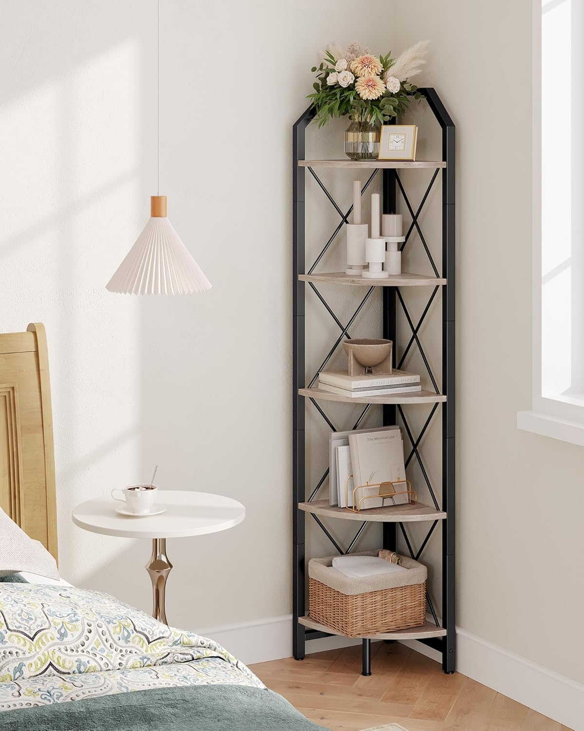 59.4" Corner Shelf, 5-Tier Industrial Corner Bookshelf, Corner Storage Stand, Plant Stand Display Shelf, Bookcase for Bedroom, Living Room, Home Office, Rustic Brown and Black TCJ10BF