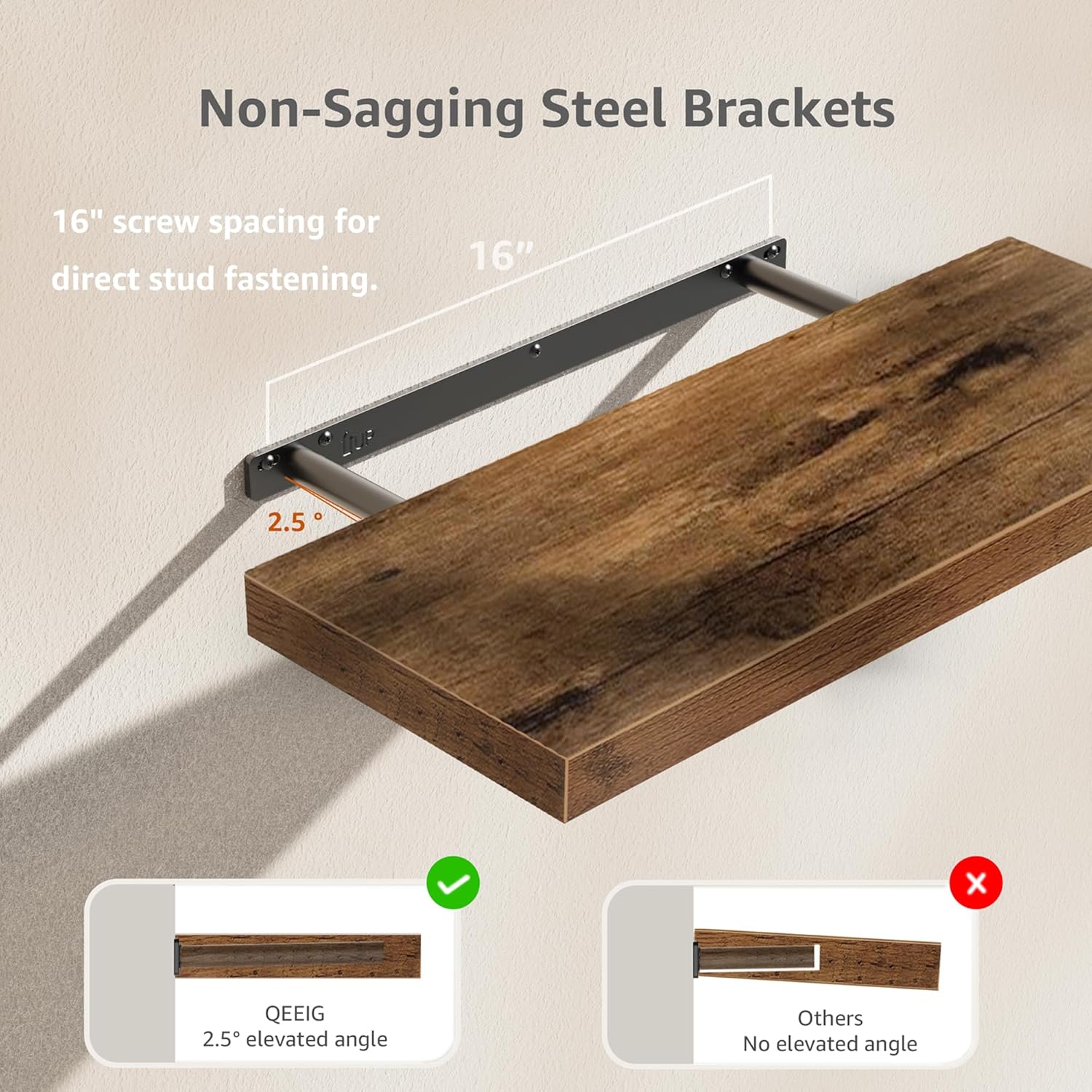 QEEIG Floating Shelves for Wall 23.6" Long - Wall Mounted Shelf Bathroom Kitchen Living Room Bedroom Farmhouse Home Decor Display Bookshelf Large 23.6 x 9.3 inch Set of 2, Rustic Brown (008-60BN)