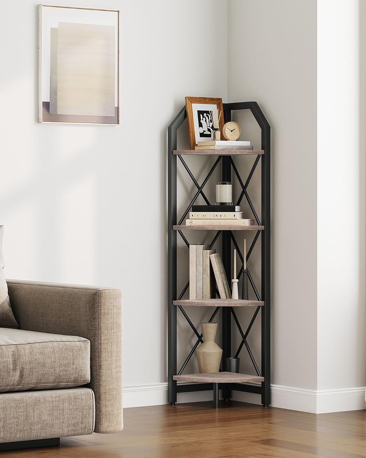 59.4" Corner Shelf, 5-Tier Industrial Corner Bookshelf, Corner Storage Stand, Plant Stand Display Shelf, Bookcase for Bedroom, Living Room, Home Office, Rustic Brown and Black TCJ10BF