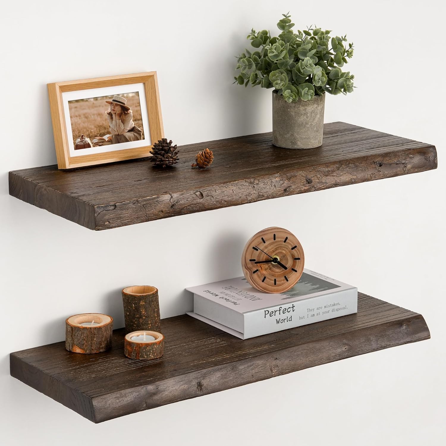 Floating Shelves Set of 2, Solid Elm Wood Wall Shelves 24 Inch - Invisible Bracket Mount for Living Room, Bedroom, Kitchen, Bathroom - Natural