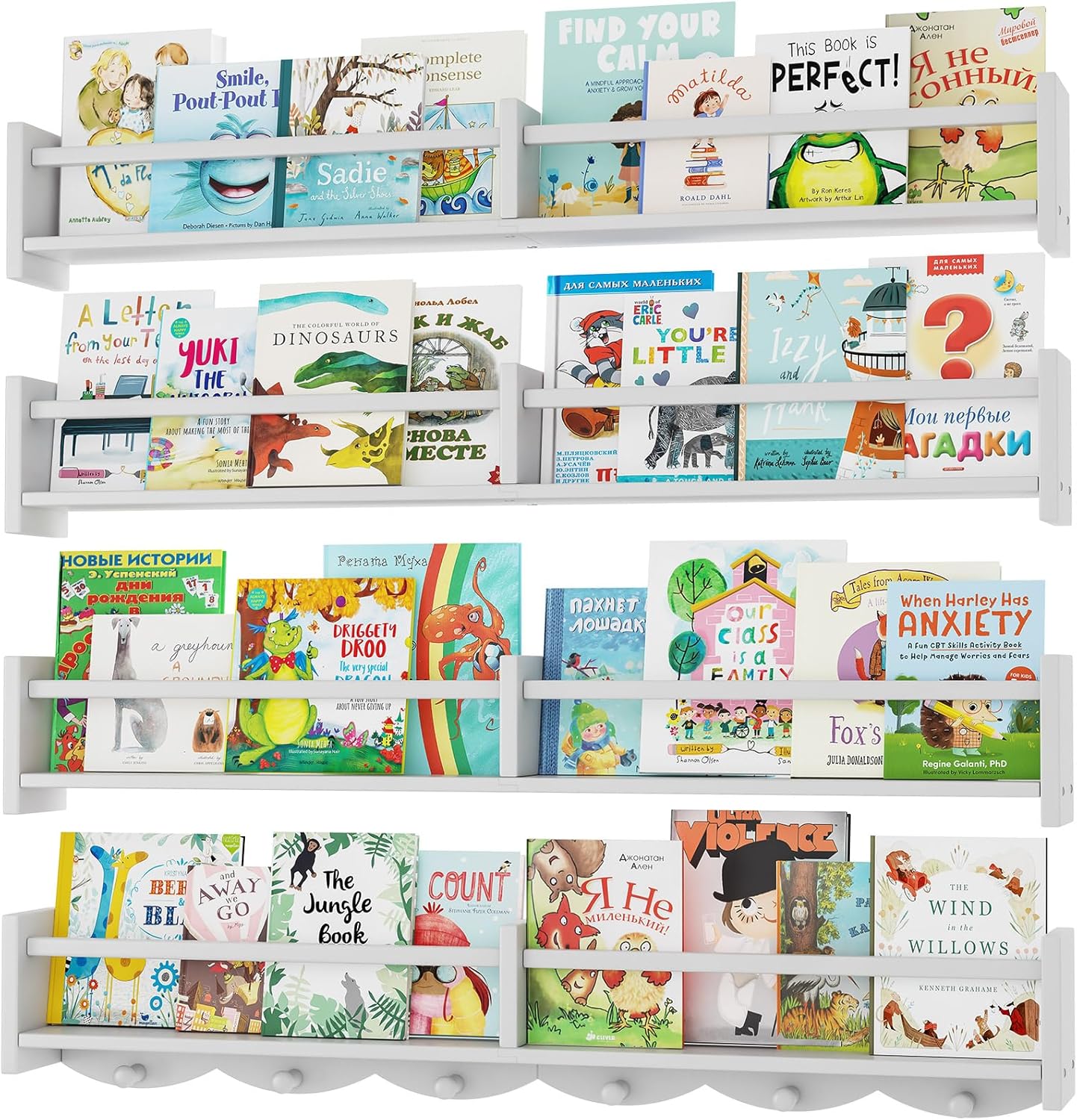 34Inch Nursery Bookshelves,Set of 4,Wall Floating Shelf Kids Coat Rack with 6Hooks,Hanging Book Shelf for Baby Nursery Room Décor， Patent Number: 29958098(Burlywood, 34)