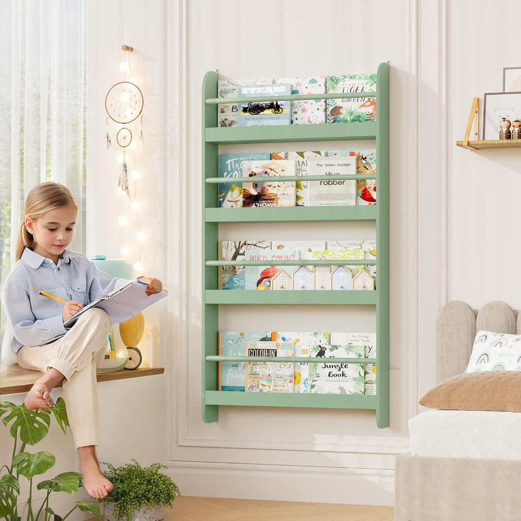 FOTOSOK Kids Bookshelf, Wall Mount 4-Tier Book Shelf Organizer for Toys and Books, Toy Storage Bookshelf in Bedroom, Living Room and Nursery, White