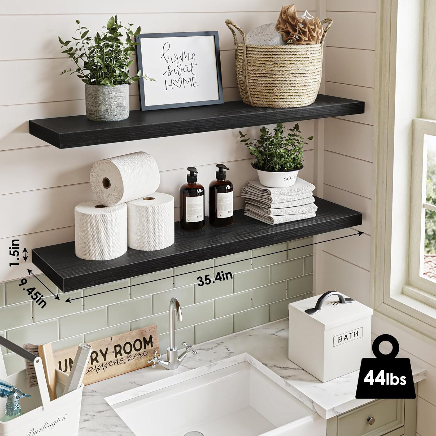 Fixwal Floating Shelves for Wall, 35" Long Heavy Duty Wall Mounted Rustic Wood Shelves for Living Room, Bedroom, Bathroom and Kitchen, for Storage, Books, Room Decor (Black, Set of 2)