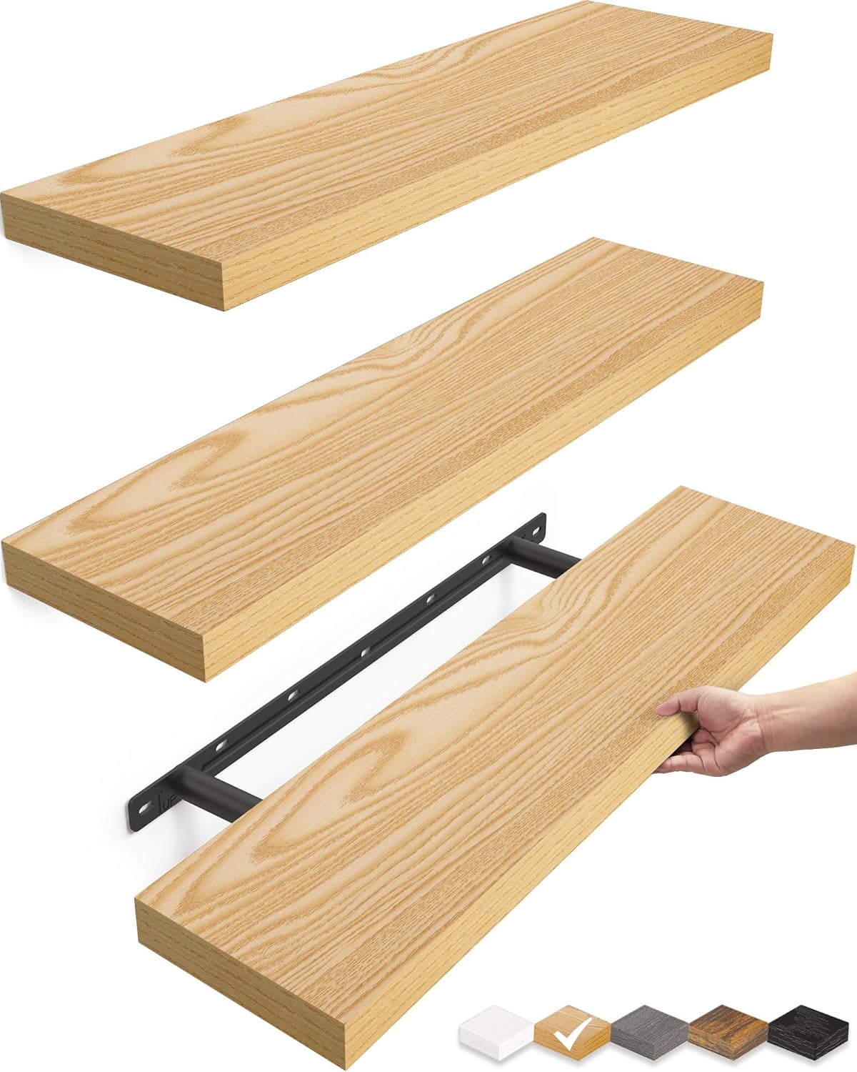 BAYKA Floating Shelves for Wall, 22.5 inches Wall Mounted Rustic Wood Shelves for Bathroom, Bedroom, Living Room, Floating Shelves for Books/Storage/Decor (Black,Set of 3)