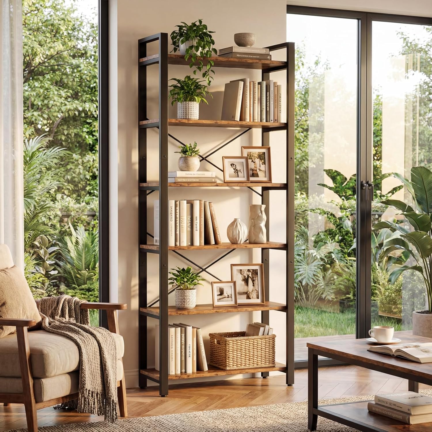 IRONCK Bookshelf 6-Tier Ladder Shelf 110lbs Display Shelf Vintage Industrial Style Bookcase for Home Office, Living Room