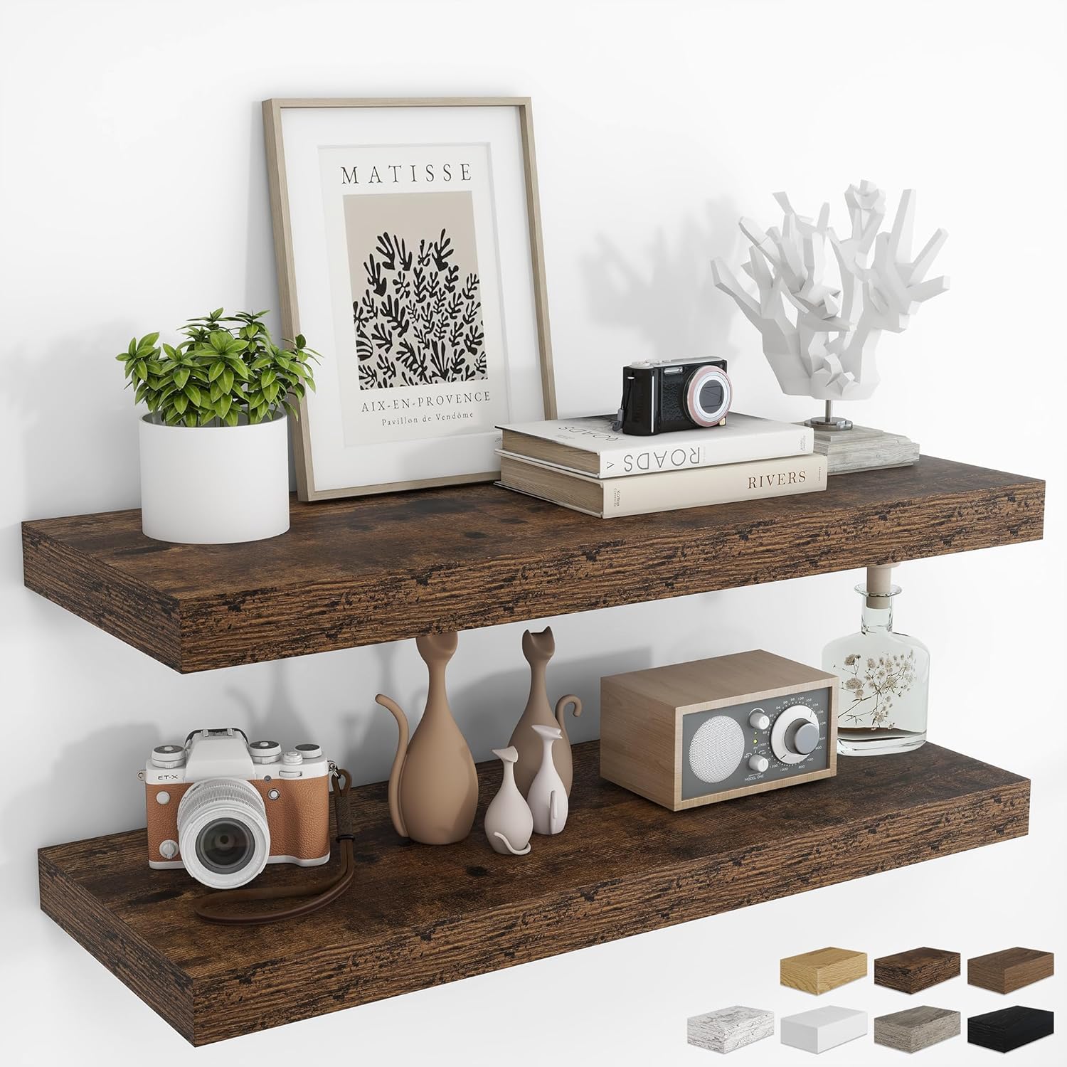 RICHFOCUS 48Inch Floating Shelves for Wall 2 Pack Shelves for Bedroom|Kitchen|Bathroom Wall Mounted Rustic Wood Floating Shelf with Invisible Brackets for Books|Storage|Decor, Walnut