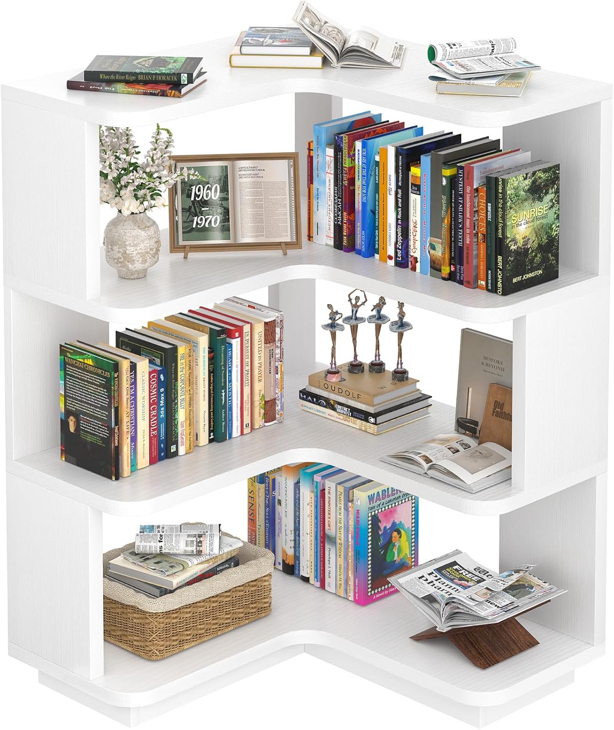 Armocity Corner Book Shelf - 6-Shelf Corner Bookshelf Etagere Bookcase with Baffle, Freestanding L Shaped Display Shelf Stand for Home Office, Living Room, Bedroom, Kitchen, White