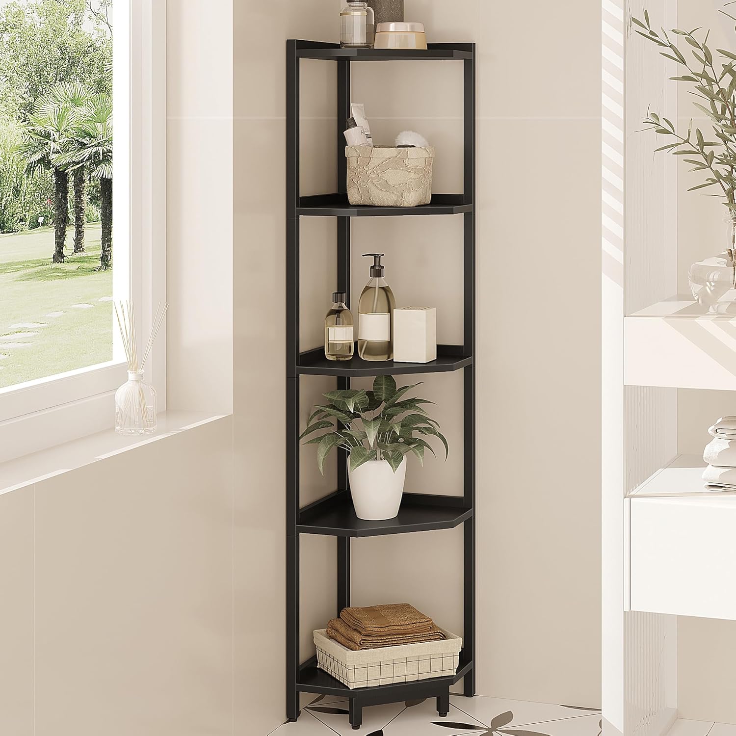 Corner Shelf Stand, Corner Bookshelf, Storage Standing Shelf Unit with Metal Frame, Plant Stand, Corner Bookcase for Living Room, Home Office, Bedroom, 6-Tier Rustic Brown CS06001B