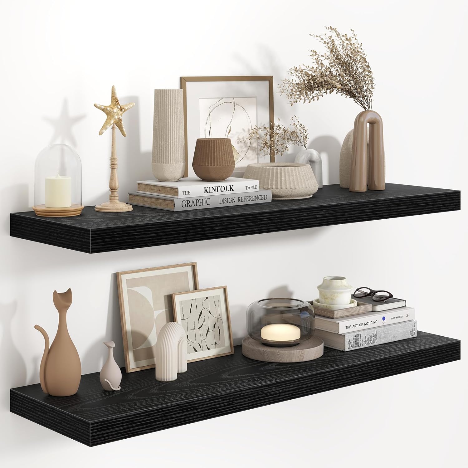 Fun Memories 48 Inch Floating Shelves in White, 9.3 Inch Deep Floating Shelf for Bathroom Living Room Kitchen, Rusitc Wall Mounted Bathroom Shelves 2 Pack, Heavy-Duty Deep Shelf for Books Decor