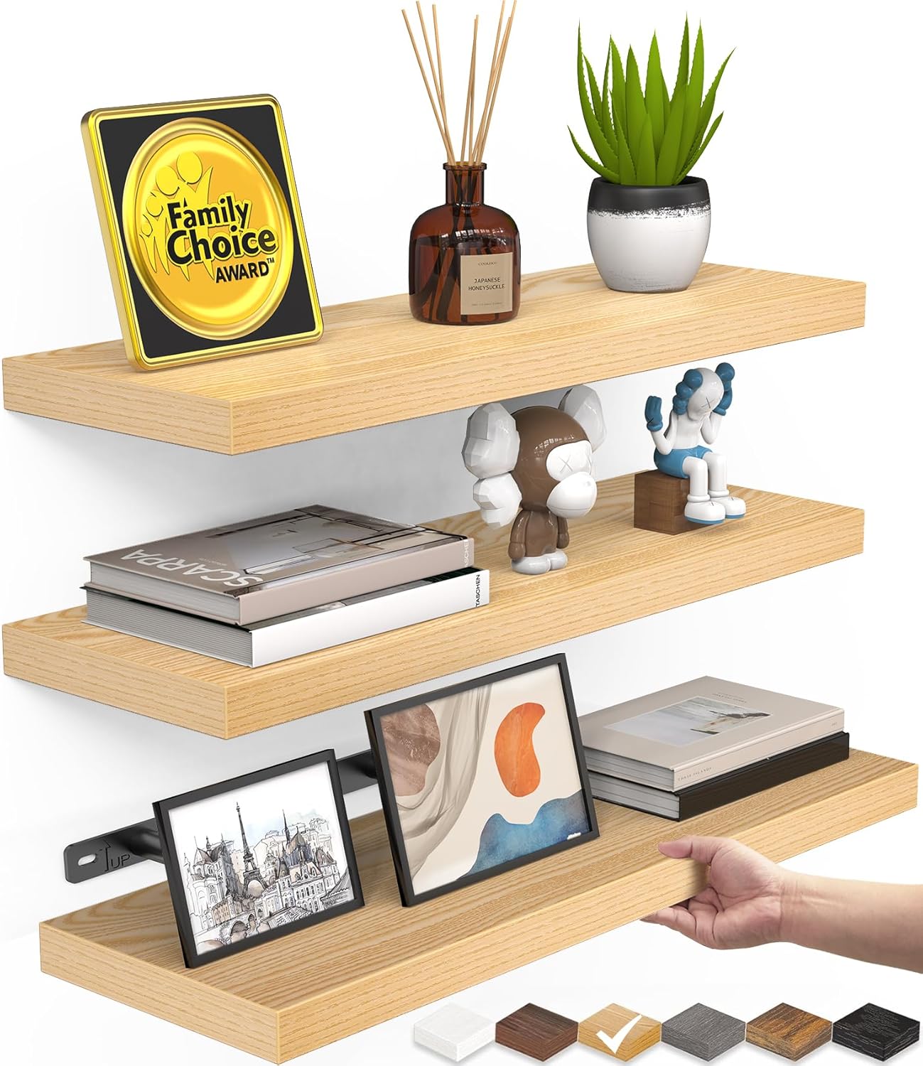 BAYKA Floating Shelves for Wall, 22.5 inches Wall Mounted Rustic Wood Shelves for Bathroom, Bedroom, Living Room, Floating Shelves for Books/Storage/Decor (Black,Set of 3)