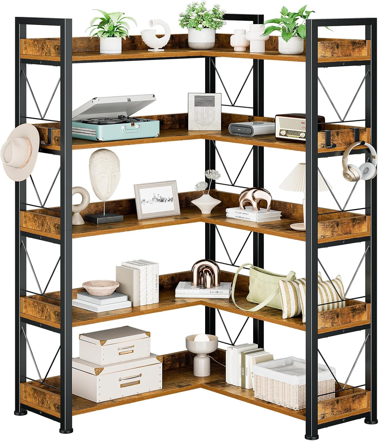 DUMOS Ladder Shelf, 4-Tier Display Bookshelf, Industrial Style Storage Standing Shelf, Decorative Shelves with Stable Frame for Living Room, Bedroom, Office, Kitchen, Bathroom, Brown