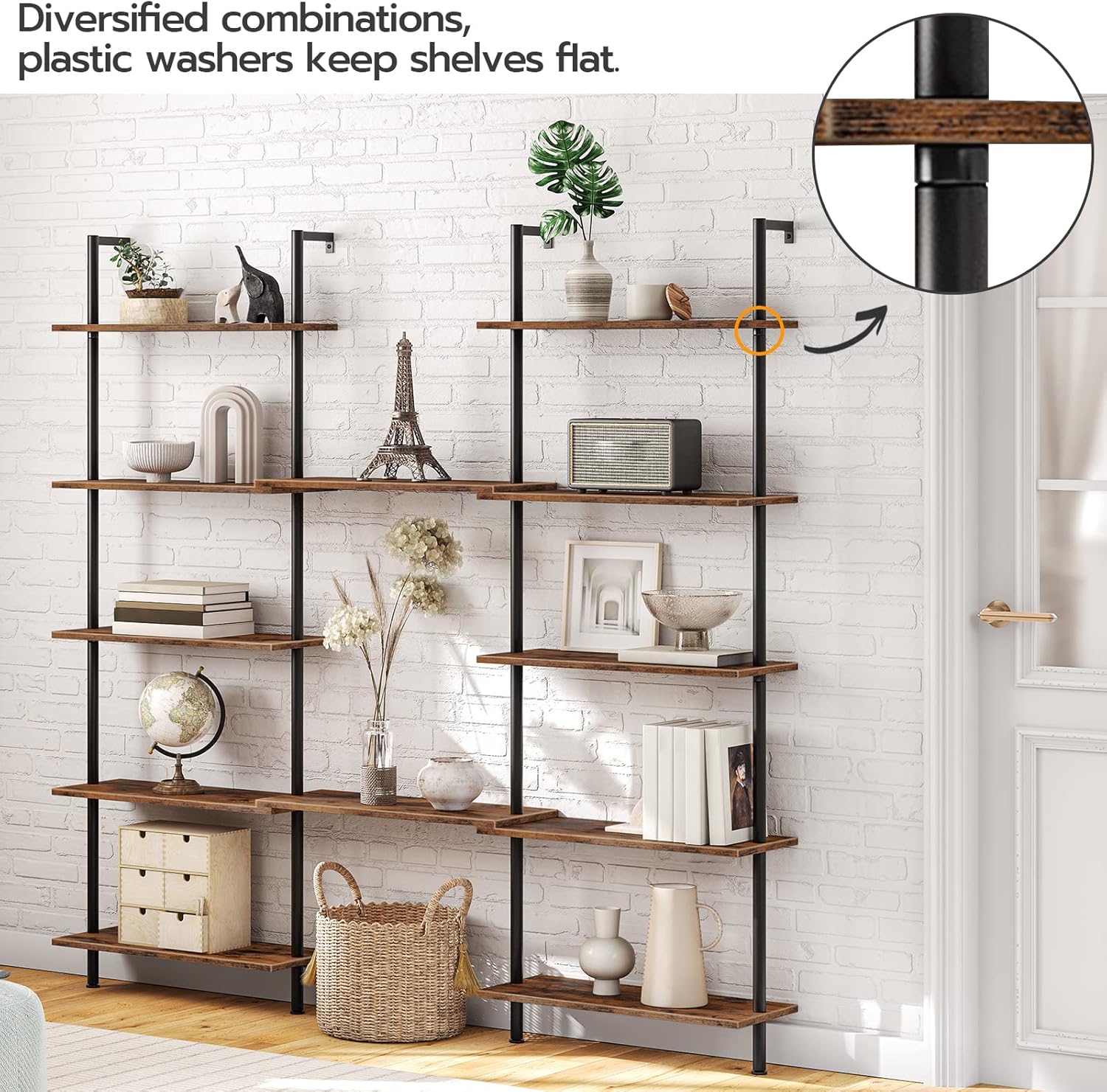 HOOBRO DIY Ladder Shelf, 6-Tier Wall Mounted Bookshelf, Office Vertical Bookcase, Wooden Storage Shelves for Home Office, Bedroom, Rustic Brown and Black BF65CJ01