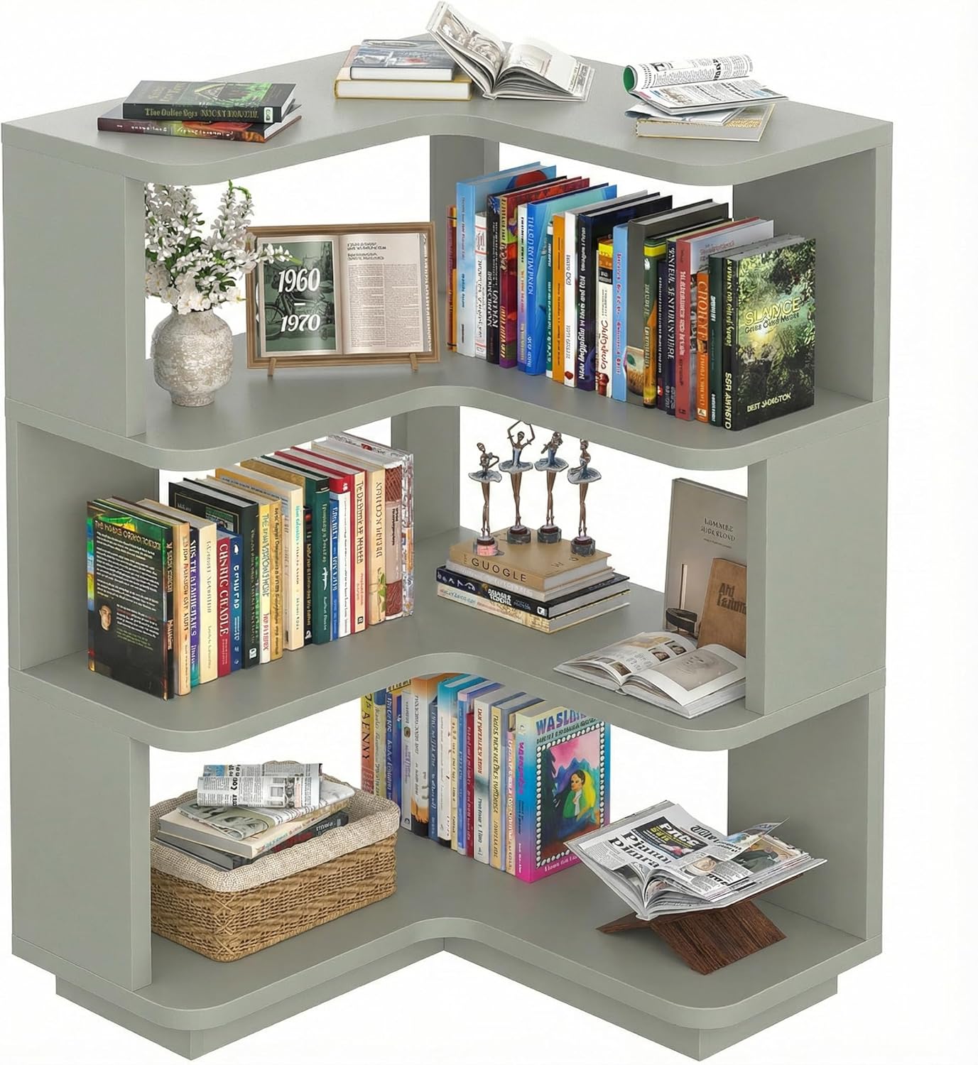 Armocity Corner Book Shelf - 6-Shelf Corner Bookshelf Etagere Bookcase with Baffle, Freestanding L Shaped Display Shelf Stand for Home Office, Living Room, Bedroom, Kitchen, White