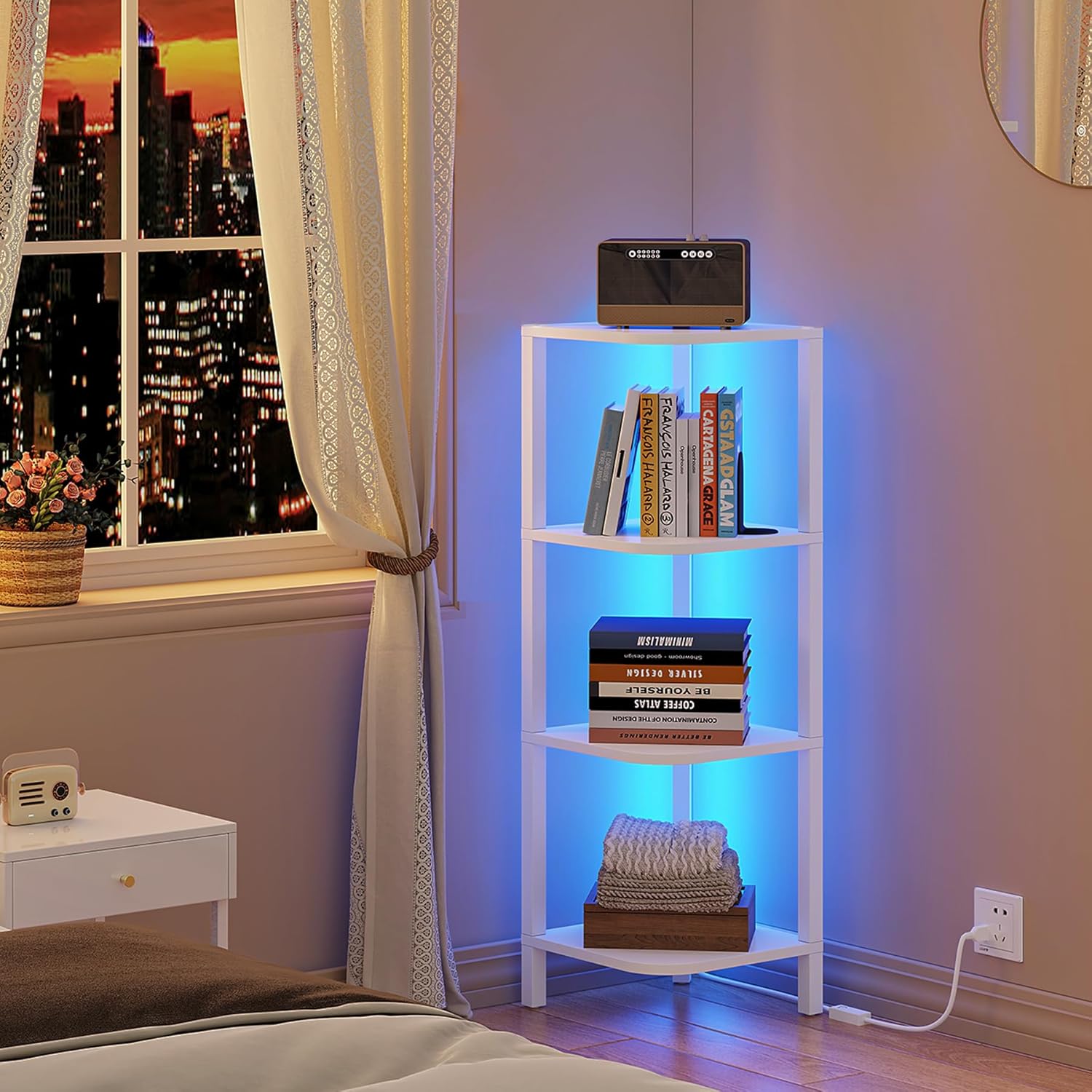 TUTOTAK 6-Tier Corner Bookshelf with LED Light,Corner Shelf for Small Space, Narrow Display Corner Shelf Stand with Storage Rack, for Living Room, Bedroom, Pure White V1BS05BW006L