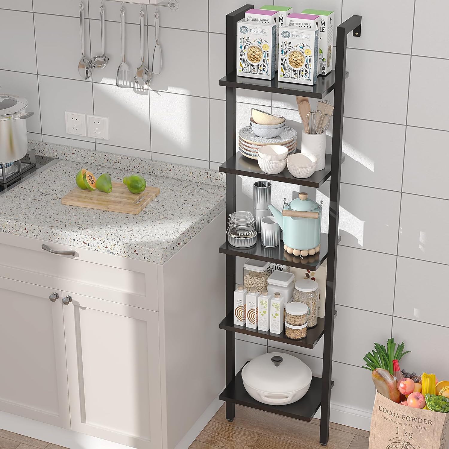 YMYNY 5 Tiers Narrow Ladder Bookcase, Industrial Wall Mounted Bookshelf, Open Display Rack with Metal Frame, Wooden Storage Shelves for Bedroom, Home Office, Living Room, Black, 70*17.3*11.8"UHBC015B