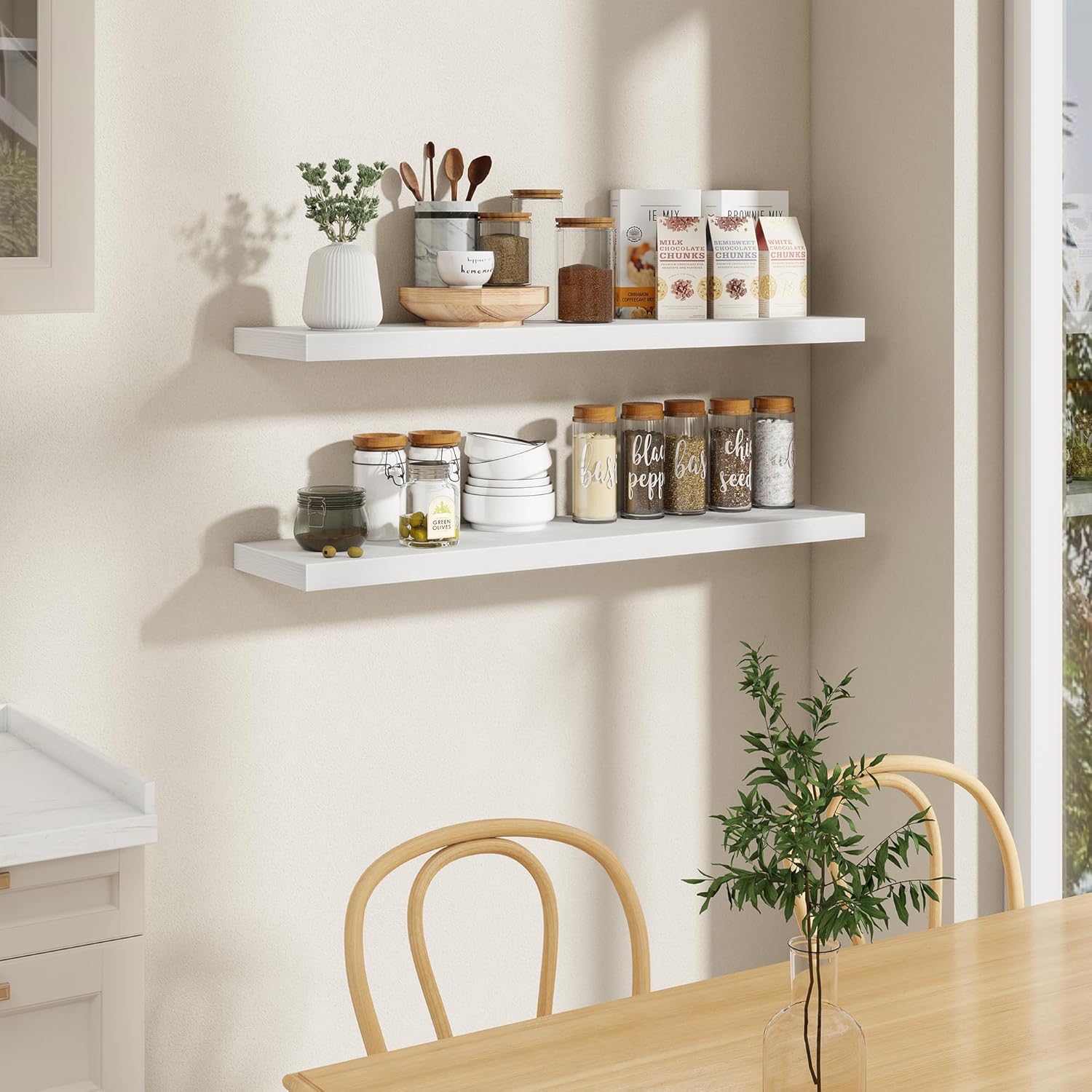 Fun Memories 48 Inch Floating Shelves in White, 9.3 Inch Deep Floating Shelf for Bathroom Living Room Kitchen, Rusitc Wall Mounted Bathroom Shelves 2 Pack, Heavy-Duty Deep Shelf for Books Decor