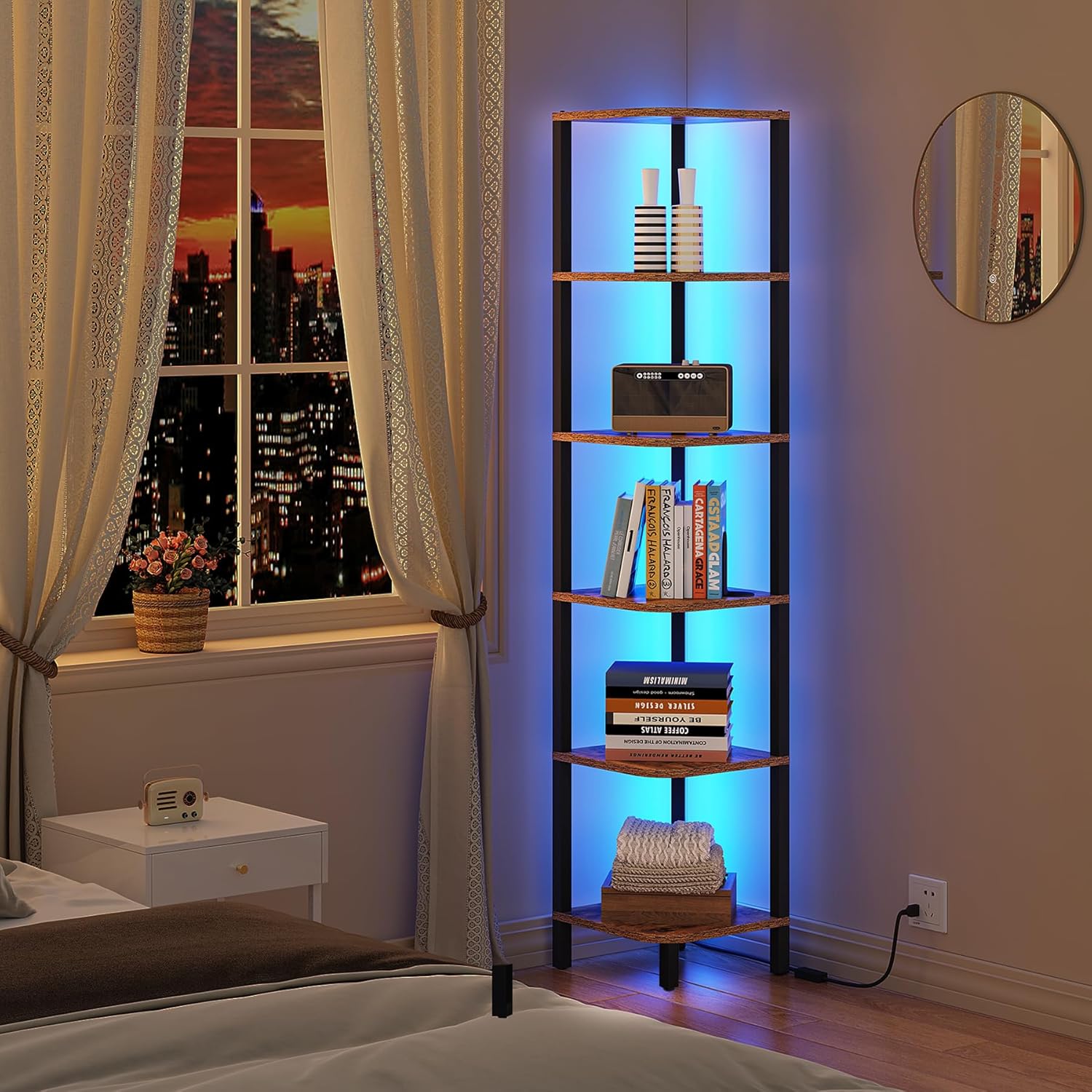 TUTOTAK 6-Tier Corner Bookshelf with LED Light,Corner Shelf for Small Space, Narrow Display Corner Shelf Stand with Storage Rack, for Living Room, Bedroom, Pure White V1BS05BW006L