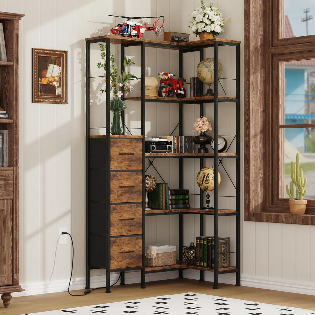 Corner Bookshelf with LED Light Strips & 4 Fabric Drawers, 5-Tier Convertible Corner Shelf with Display Shelf, Large Wood Industrial Bookcase for Living Room, Bedroom, Home Office, Rustic Brown