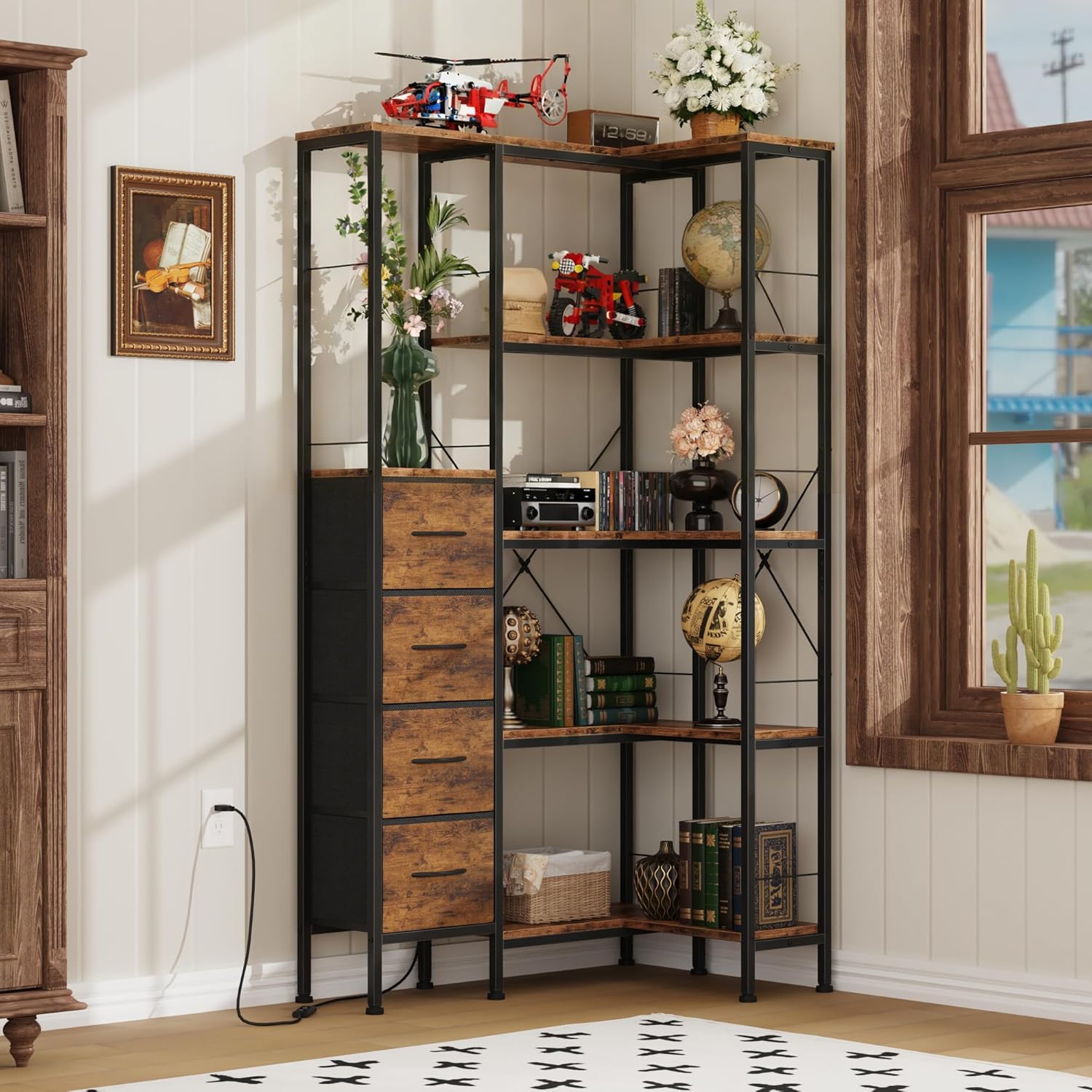 Corner Bookshelf with LED Light Strips & 4 Fabric Drawers, 5-Tier Convertible Corner Shelf with Display Shelf, Large Wood Industrial Bookcase for Living Room, Bedroom, Home Office, Rustic Brown