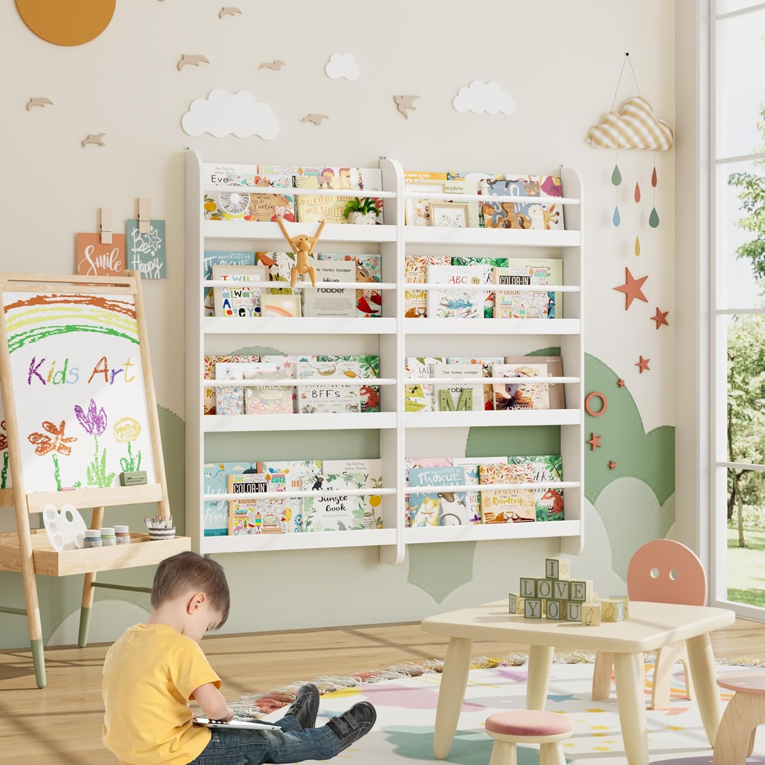 FOTOSOK Kids Bookshelf, Wall Mount 4-Tier Book Shelf Organizer for Toys and Books, Toy Storage Bookshelf in Bedroom, Living Room and Nursery, White