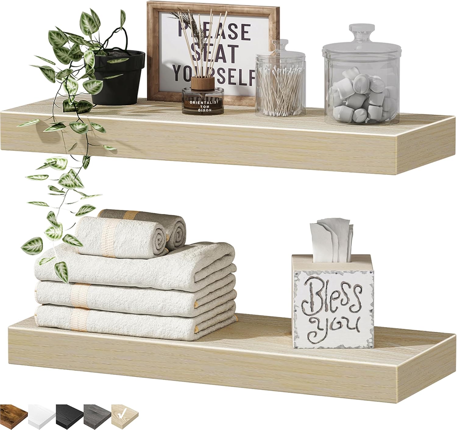 QEEIG Floating Shelves for Wall 23.6" Long - Wall Mounted Shelf Bathroom Kitchen Living Room Bedroom Farmhouse Home Decor Display Bookshelf Large 23.6 x 9.3 inch Set of 2, Rustic Brown (008-60BN)