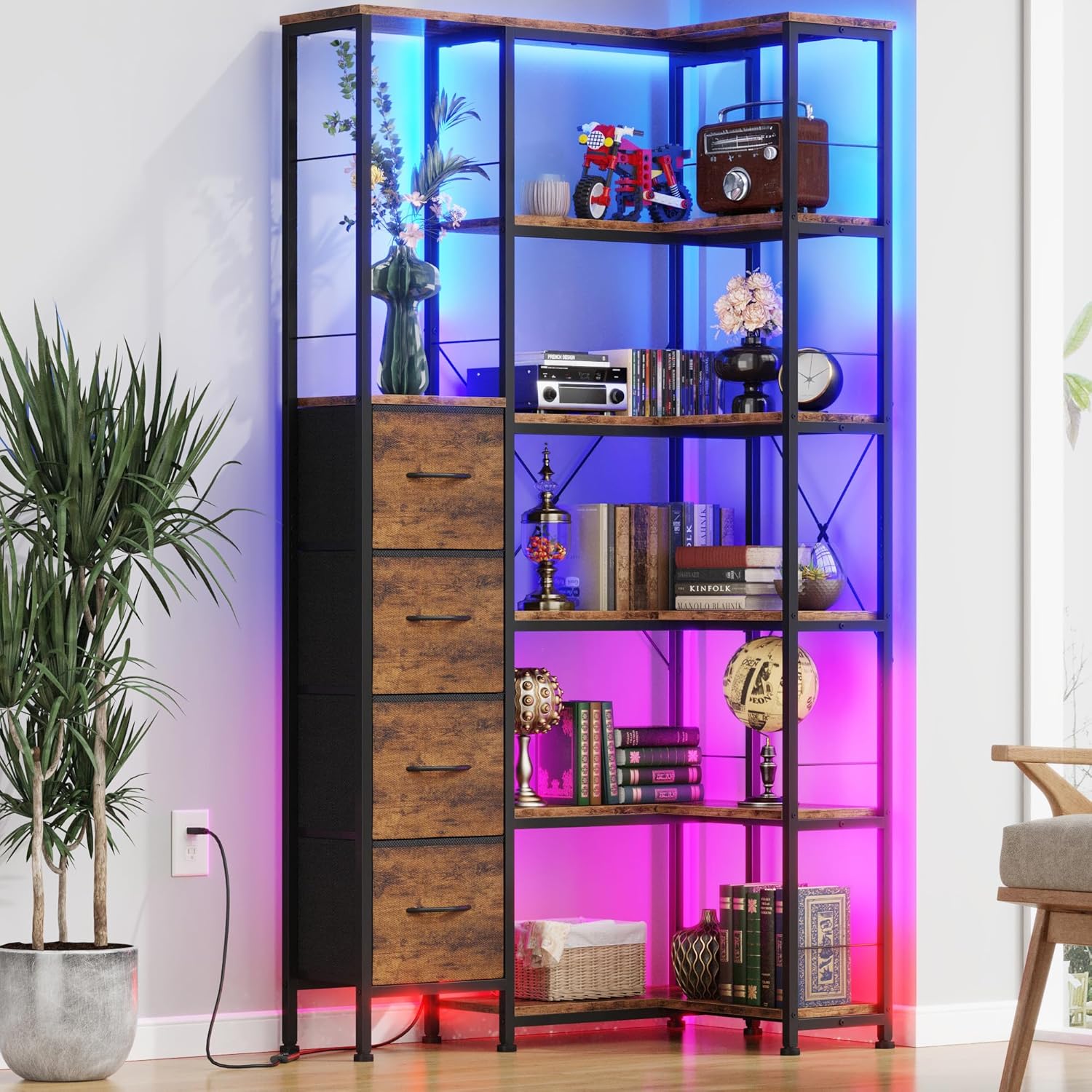 Corner Bookshelf with LED Light Strips & 4 Fabric Drawers, 5-Tier Convertible Corner Shelf with Display Shelf, Large Wood Industrial Bookcase for Living Room, Bedroom, Home Office, Rustic Brown