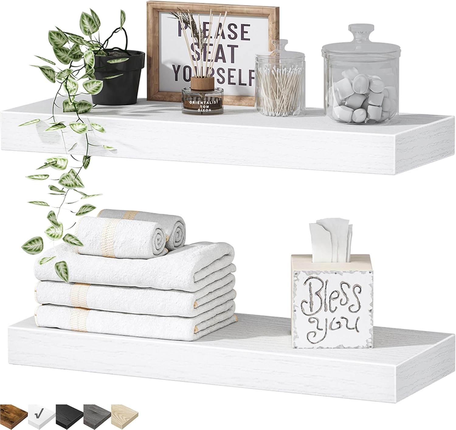 QEEIG Floating Shelves for Wall 23.6" Long - Wall Mounted Shelf Bathroom Kitchen Living Room Bedroom Farmhouse Home Decor Display Bookshelf Large 23.6 x 9.3 inch Set of 2, Rustic Brown (008-60BN)