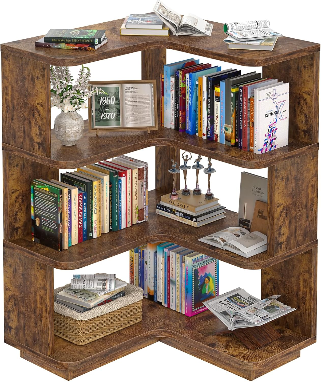 Armocity Corner Book Shelf - 6-Shelf Corner Bookshelf Etagere Bookcase with Baffle, Freestanding L Shaped Display Shelf Stand for Home Office, Living Room, Bedroom, Kitchen, White