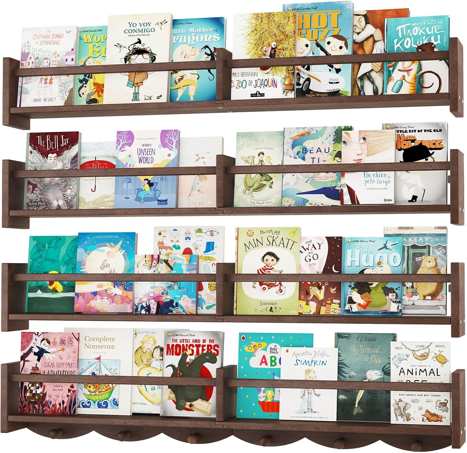 34Inch Nursery Bookshelves,Set of 4,Wall Floating Shelf Kids Coat Rack with 6Hooks,Hanging Book Shelf for Baby Nursery Room Décor， Patent Number: 29958098(Burlywood, 34)