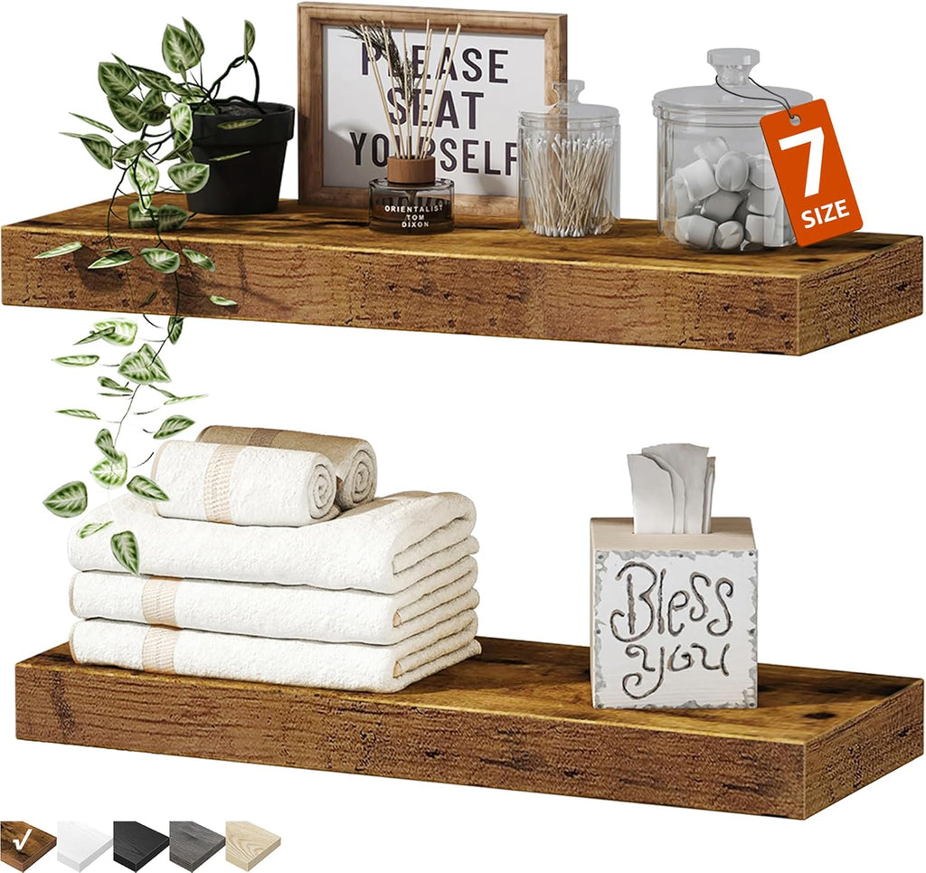 QEEIG Floating Shelves for Wall 23.6" Long - Wall Mounted Shelf Bathroom Kitchen Living Room Bedroom Farmhouse Home Decor Display Bookshelf Large 23.6 x 9.3 inch Set of 2, Rustic Brown (008-60BN)