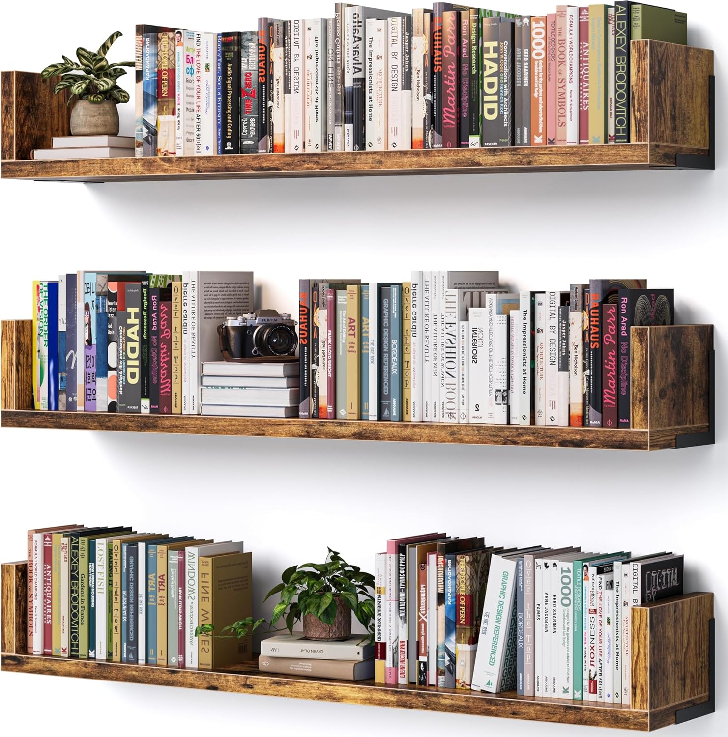 Wall Bookshelf, Set of 3, 36 Inches U Shaped Wall Shelves, Long Deep Floating Shelves, Large Floating Book Shelves - Wood Hanging Bookshelves for Kitchen, Bedroom (Light Brown, 35.4 Inches)