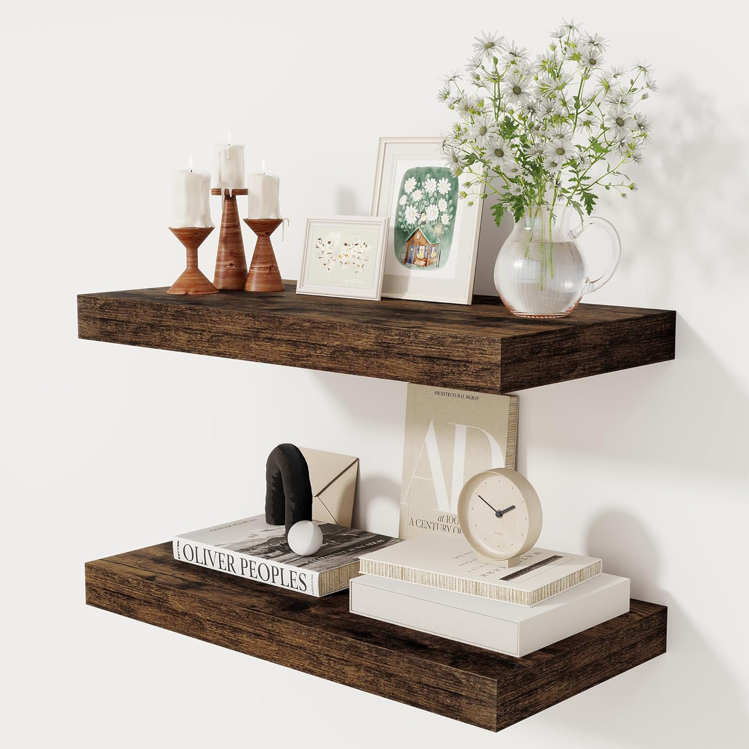 12 Inch Deep White Floating Shelves, 24 x 12 Floating Shelf for Books, Rustic Wood Deep Wall Shelves for Home Storage & Display, 2" Thicked Shelves for Kitchen, Living Room, Bedroom, 1 Pack