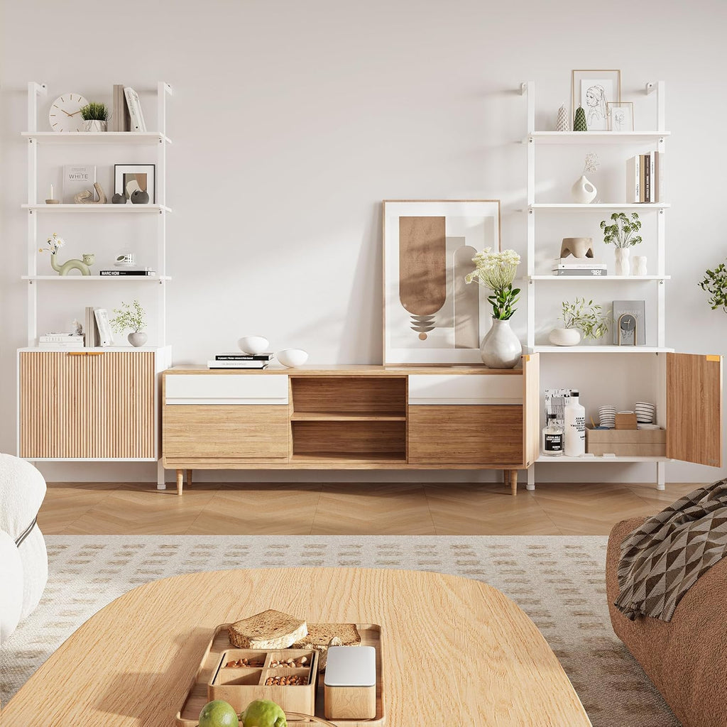 74" Tall Bookshelf with Storage Cabinet, Modern Ladder Shelf with Wood and Metal Frame, Wall Mount Bookcase Open Display Shelf Furniture for Living Room, Bedroom, Home Office, White and Oak