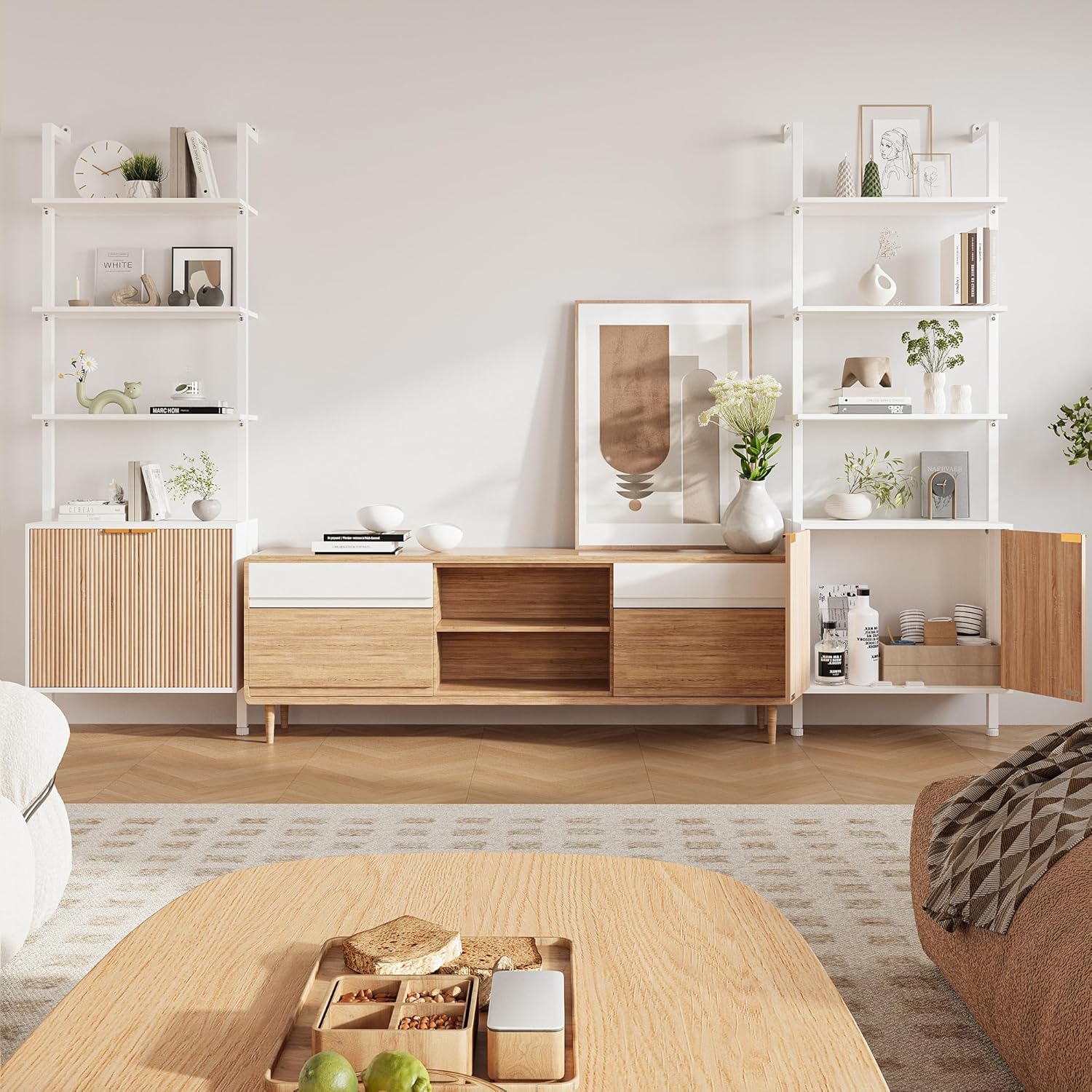 74" Tall Bookshelf with Storage Cabinet, Modern Ladder Shelf with Wood and Metal Frame, Wall Mount Bookcase Open Display Shelf Furniture for Living Room, Bedroom, Home Office, White and Oak