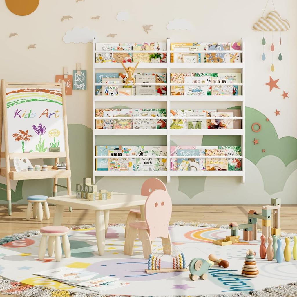 FOTOSOK Kids Bookshelf, Wall Mount 4-Tier Book Shelf Organizer for Toys and Books, Toy Storage Bookshelf in Bedroom, Living Room and Nursery, White