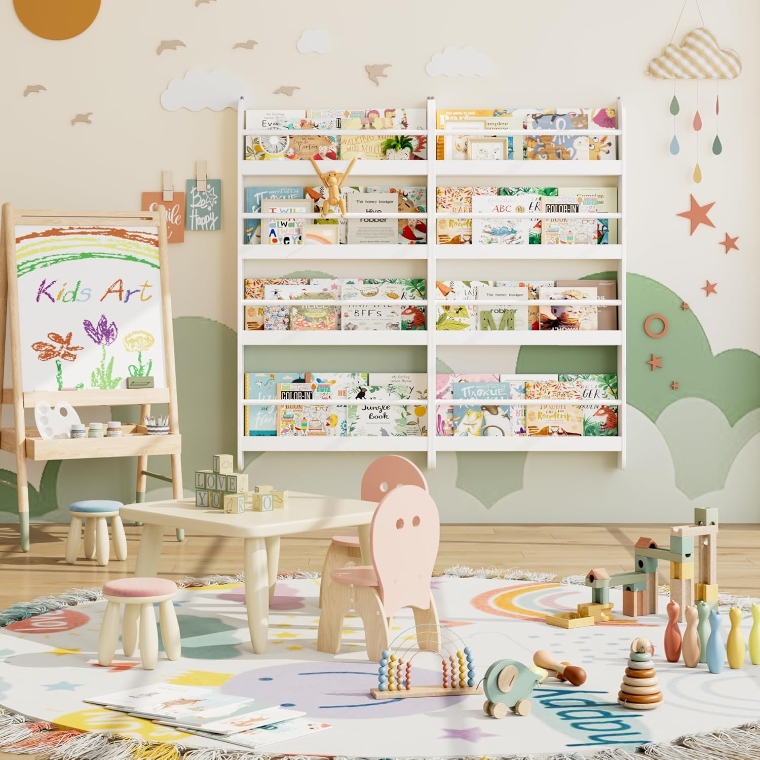 FOTOSOK Kids Bookshelf, Wall Mount 4-Tier Book Shelf Organizer for Toys and Books, Toy Storage Bookshelf in Bedroom, Living Room and Nursery, White